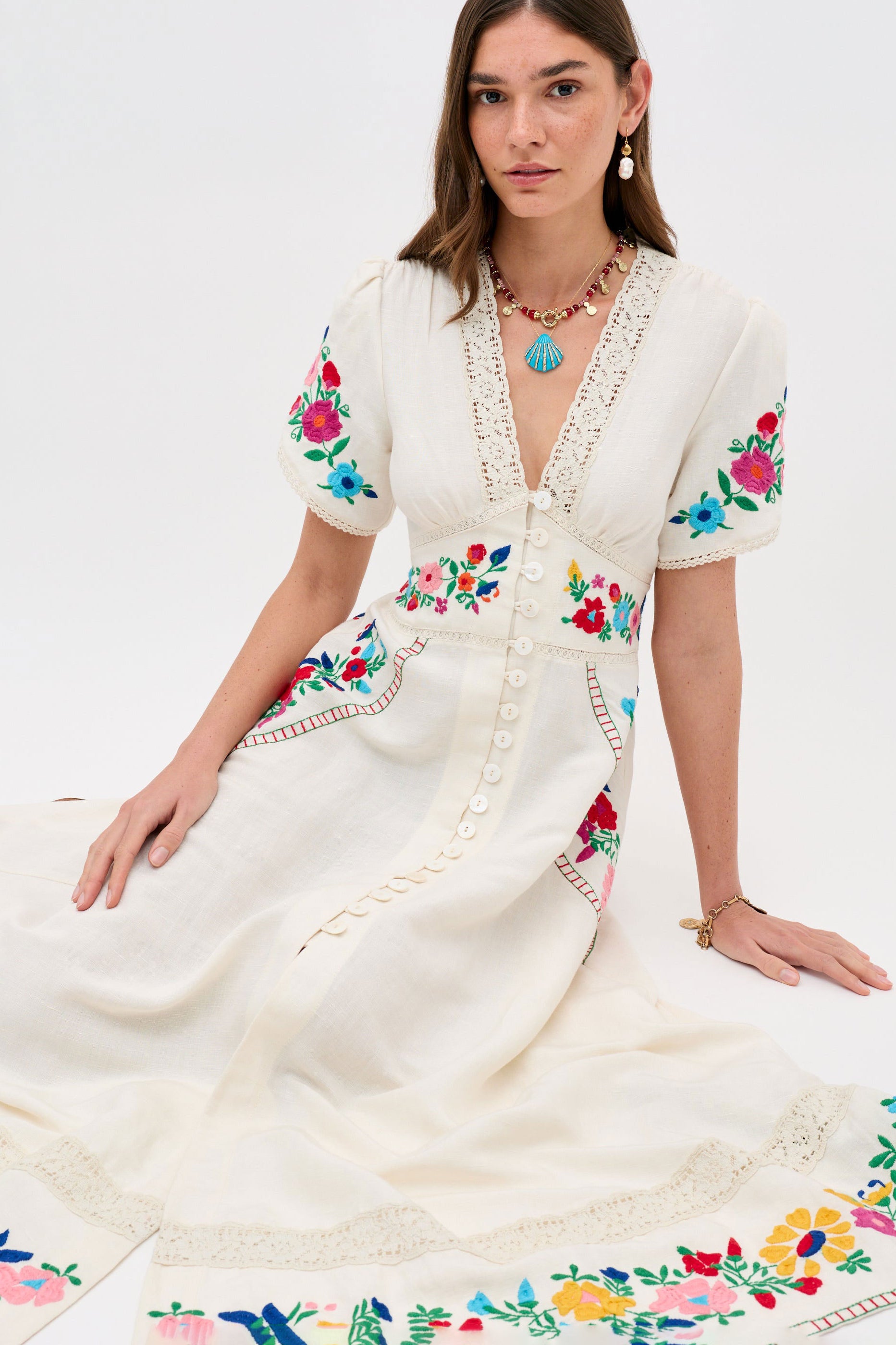 Rixo Novara Embroidered Midi Dress