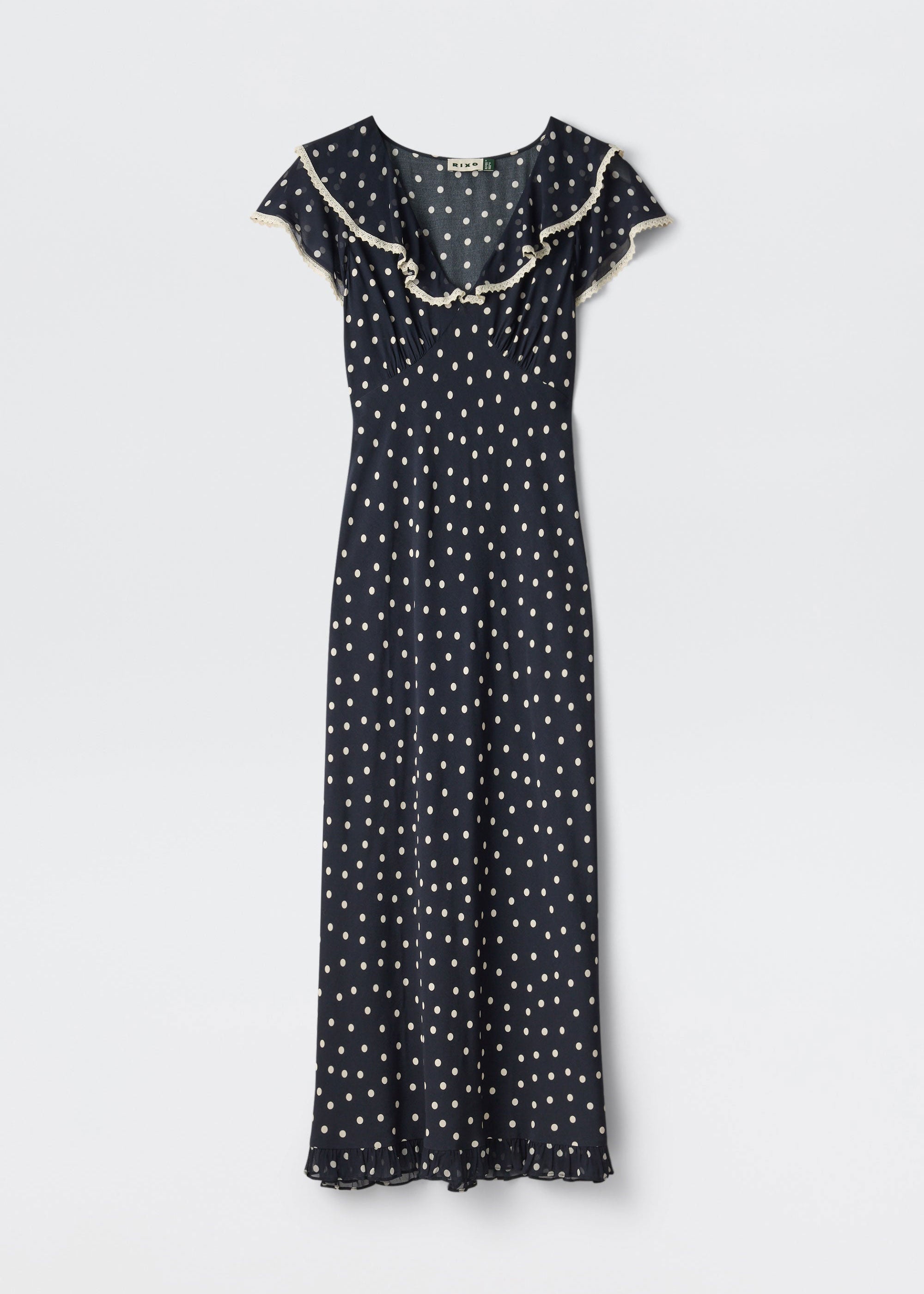 Rixo Flat-lay of the bias-cut midi dress with V-neck flutter ruffle