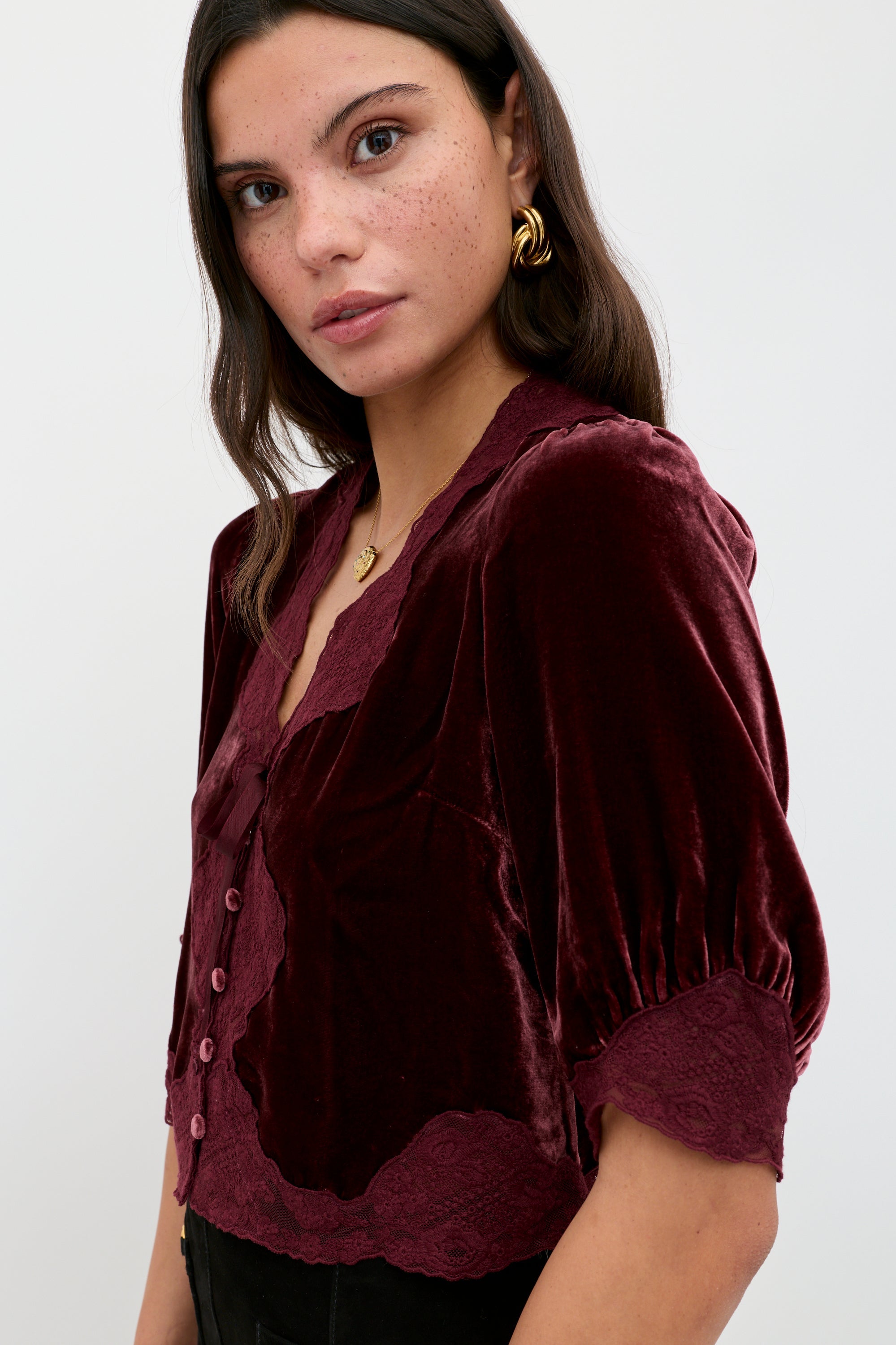 Rixo Ursula Silk-Velvet Top - Bordeaux
