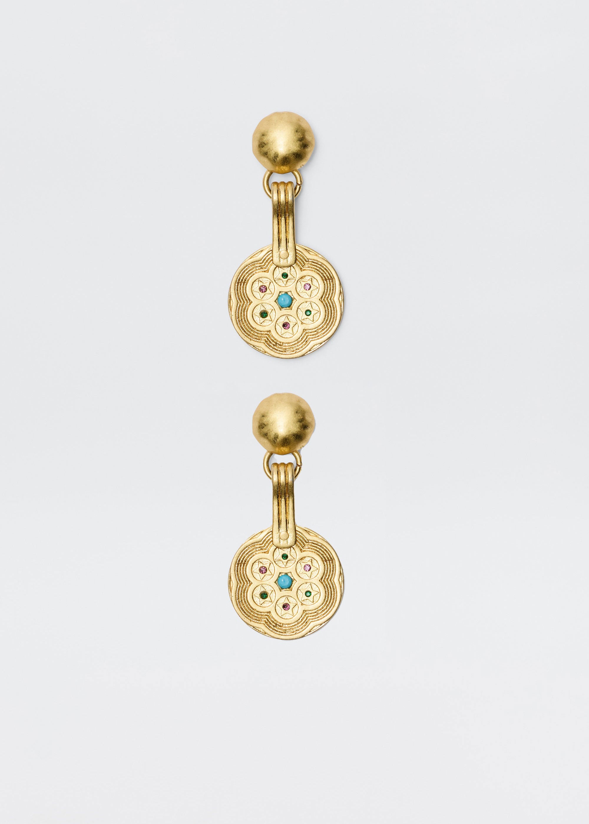 Rixo Rixo Anouk drop earrings in 18-karat gold-plated brass with gem-set engraved discs