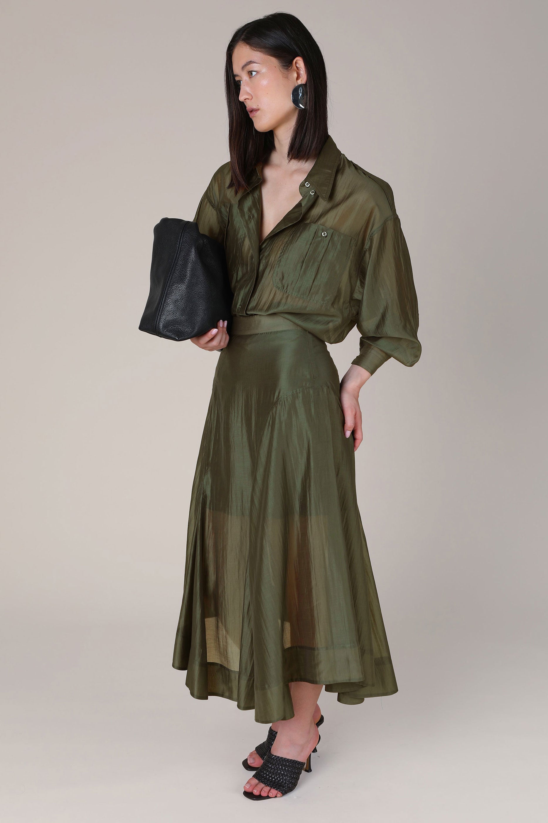 VI.VE.RE Megara Sheer Organza Shirt - Dark Green