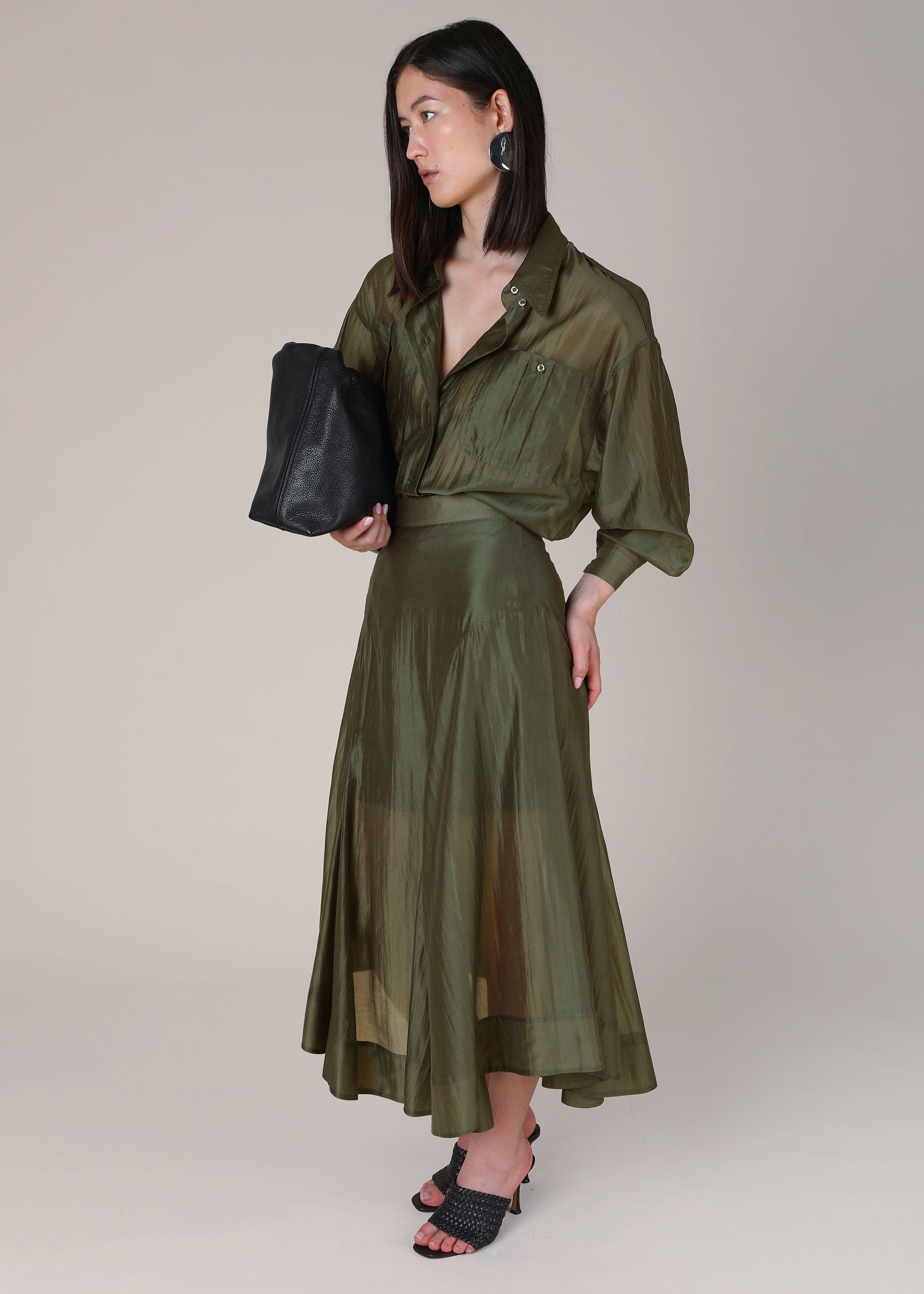 VI.VE.RE Megara Sheer Organza Shirt - Dark Green