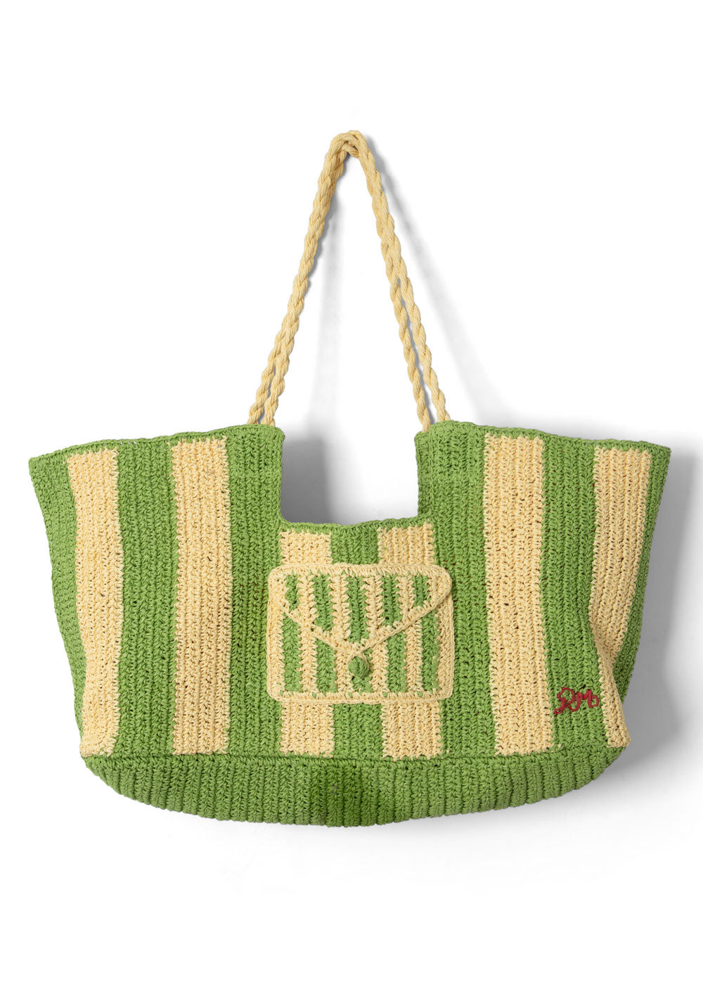 Damson Madder Hanging bag, full front showing the wide apple-stripe panel