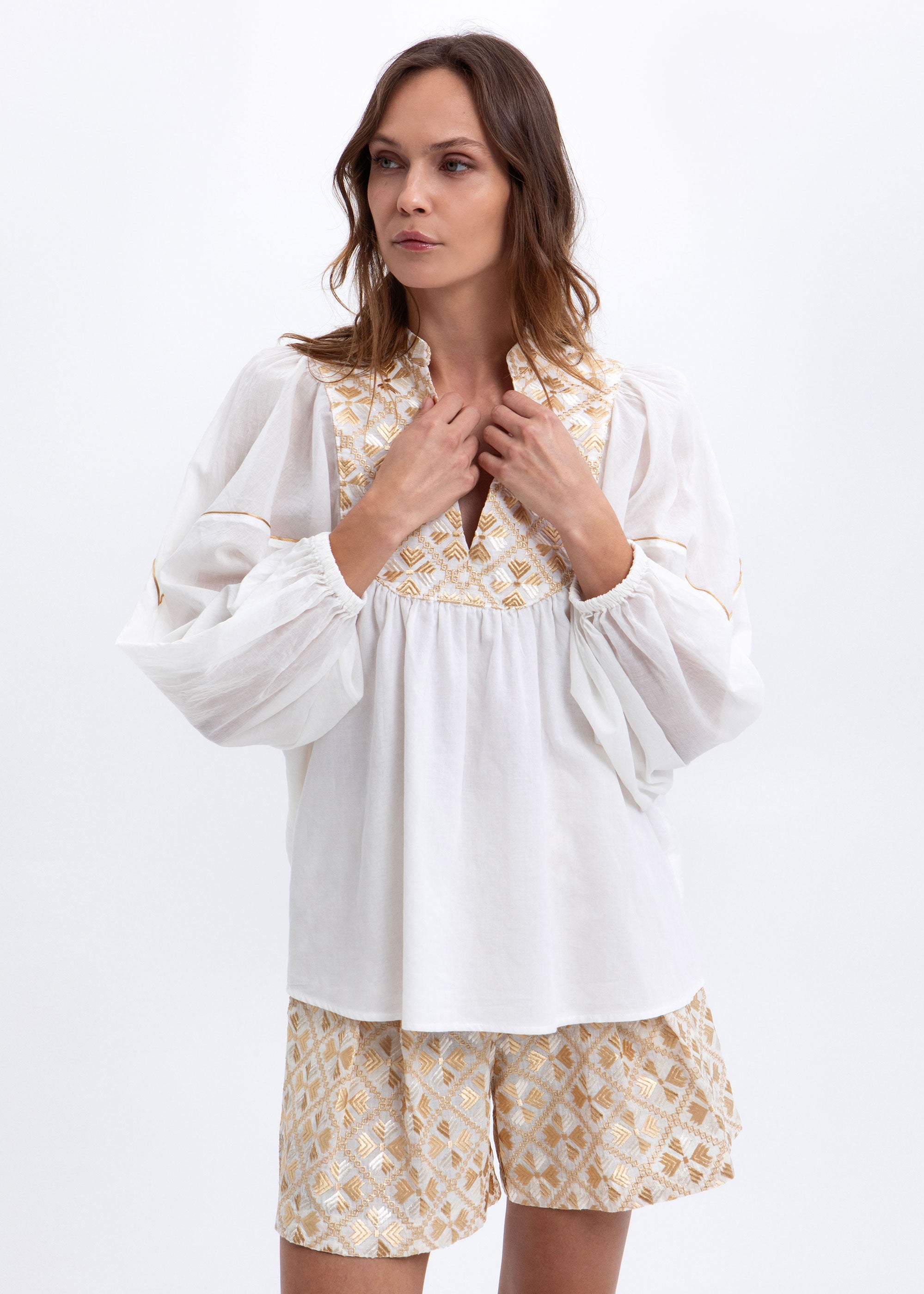 Greek Archaic Kori Flakes Tunic Top - White/ Gold Champagne