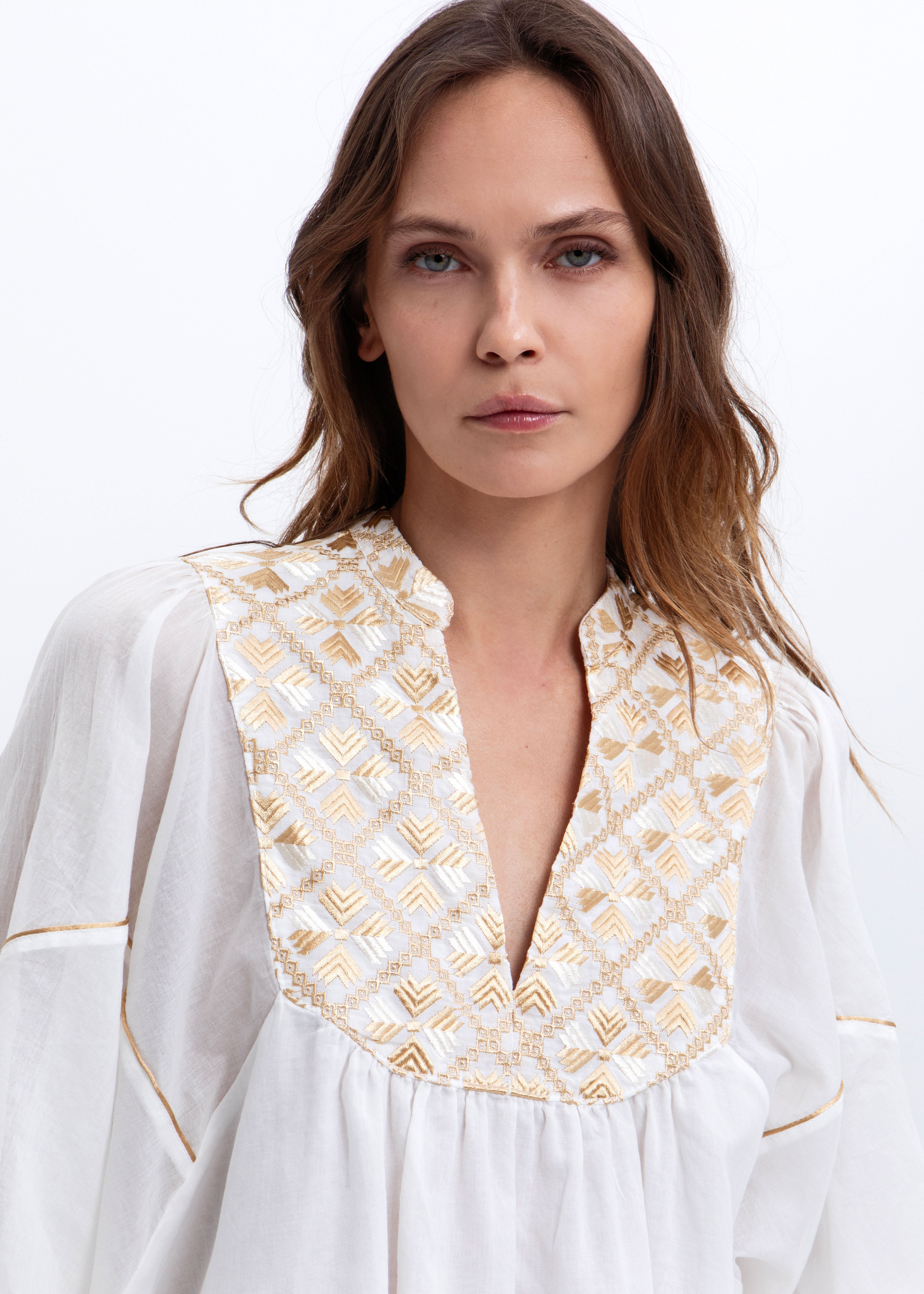 Greek Archaic Kori Flakes Tunic Top - White/ Gold Champagne