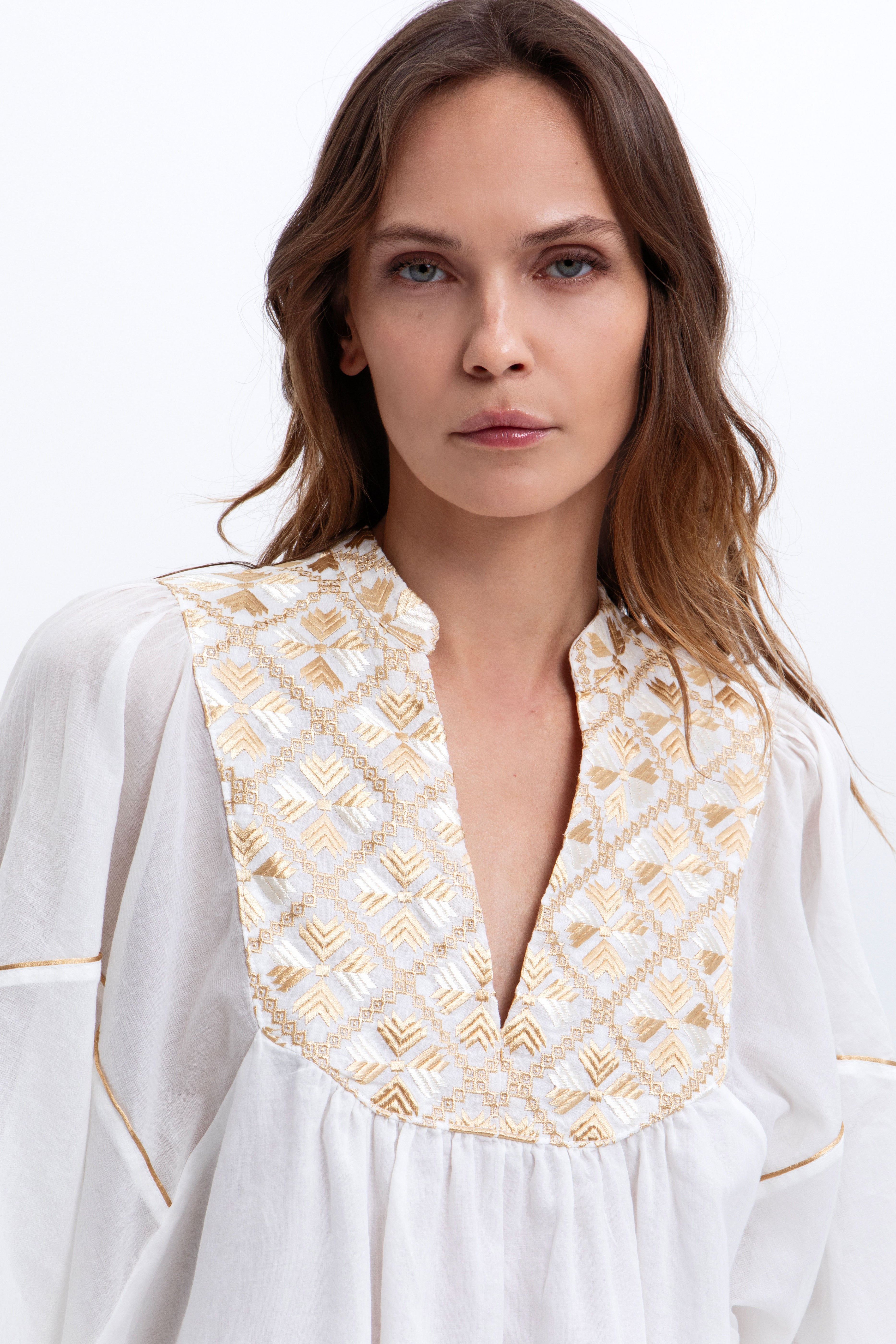 Greek Archaic Kori Flakes Tunic Top - White/ Gold Champagne