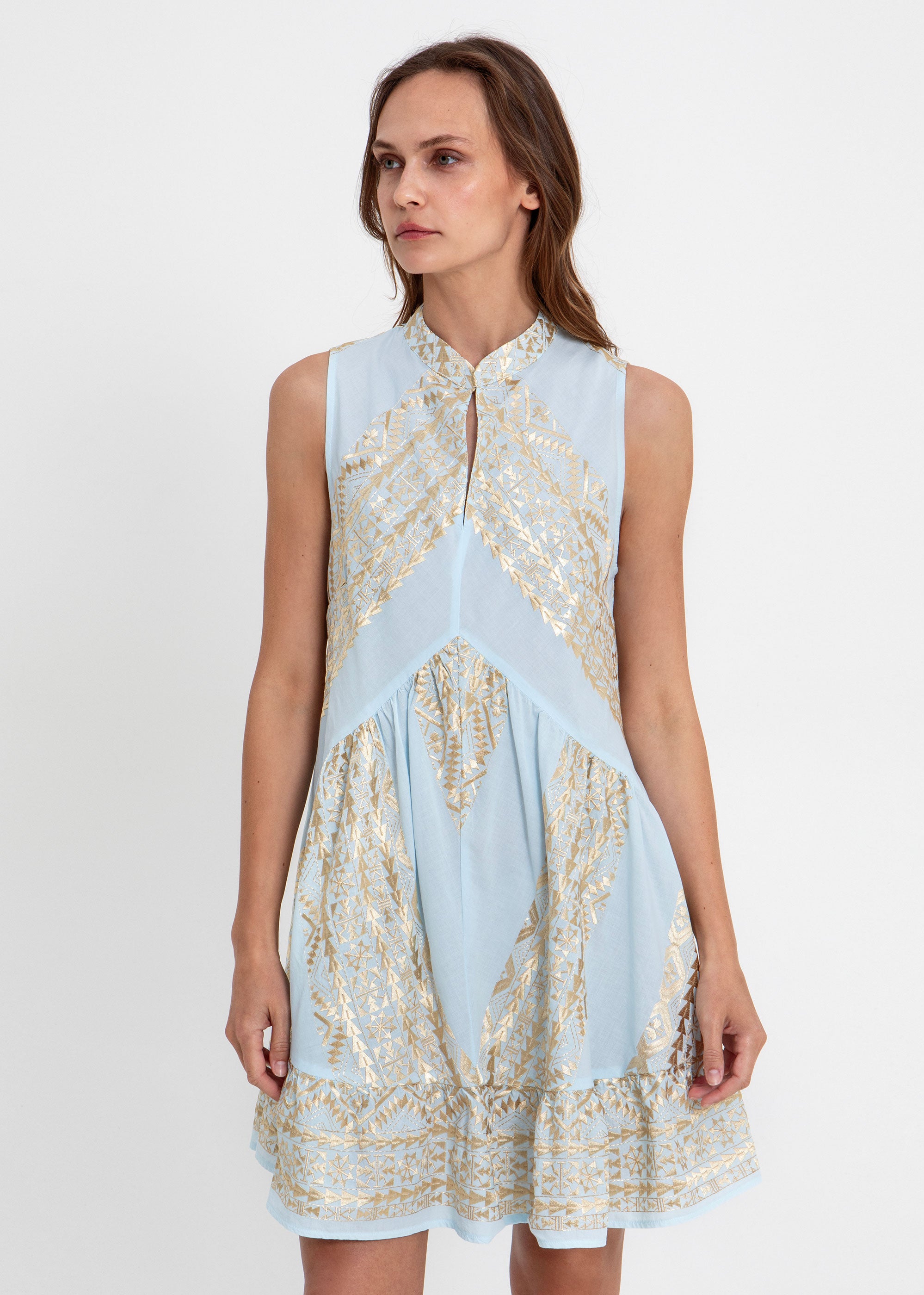 Greek Archaic Kori Classic Triangle Short Dress - Ciel/ Gold