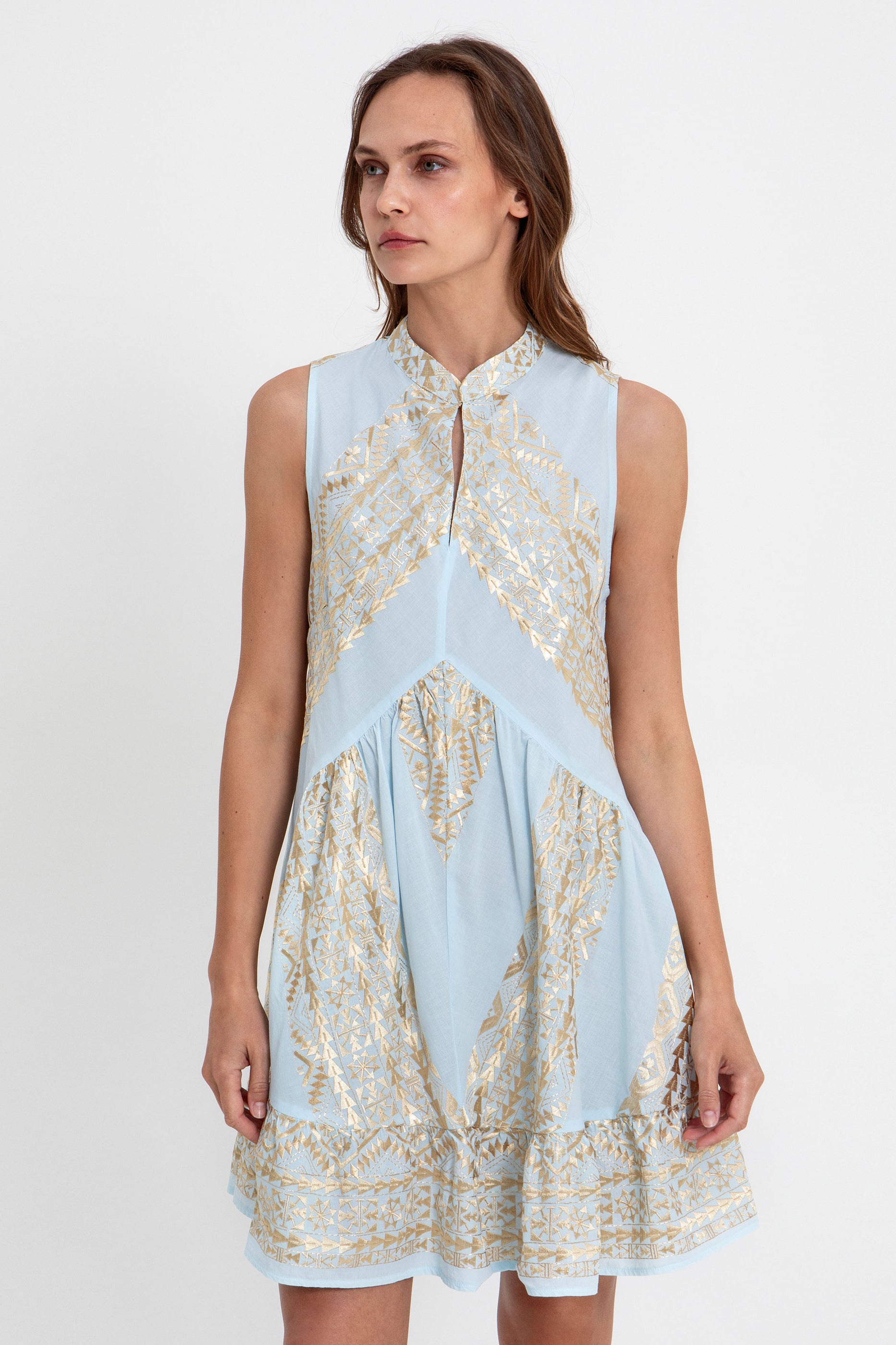 Greek Archaic Kori Classic Triangle Short Dress - Ciel/ Gold