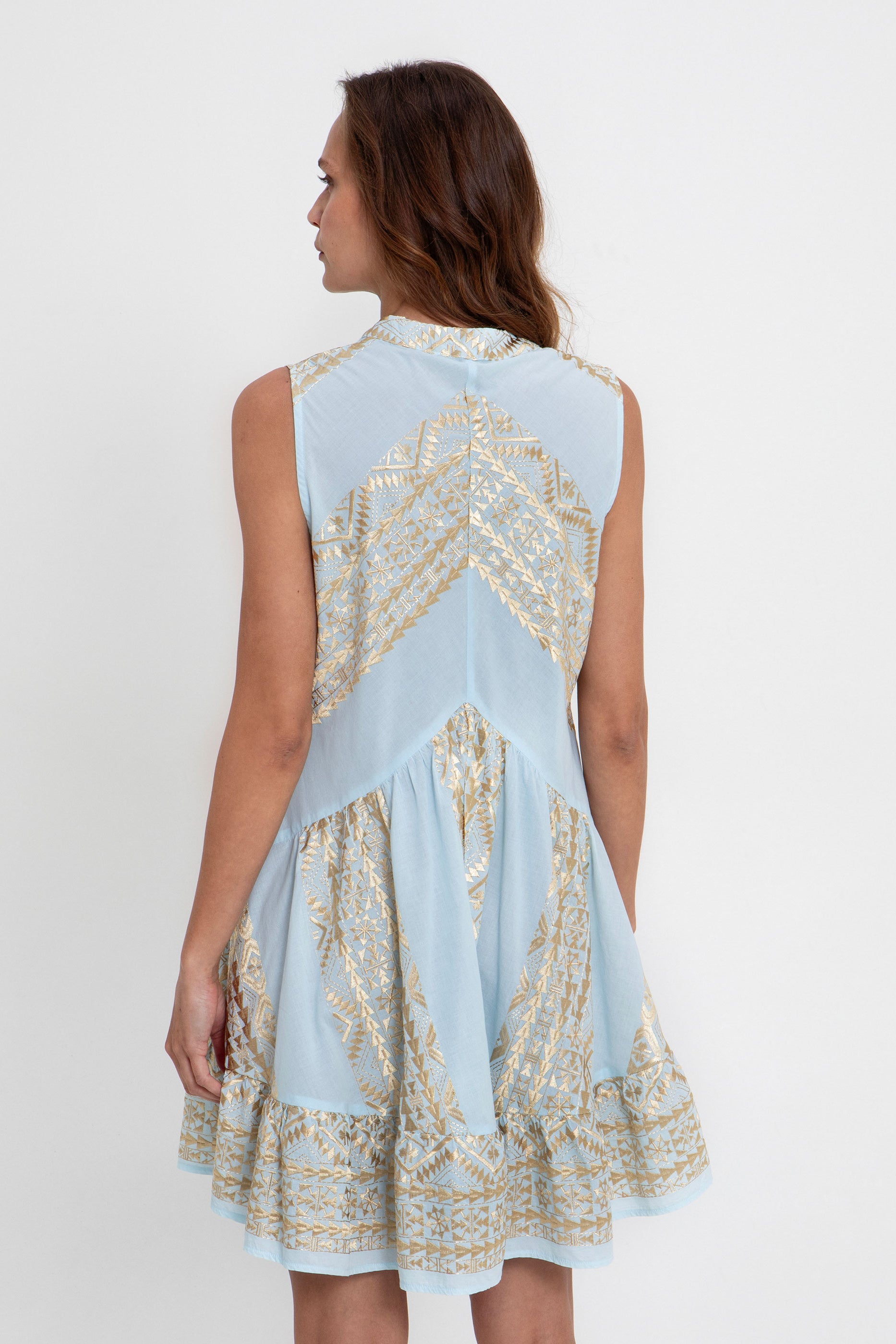 Greek Archaic Kori Classic Triangle Short Dress - Ciel/ Gold