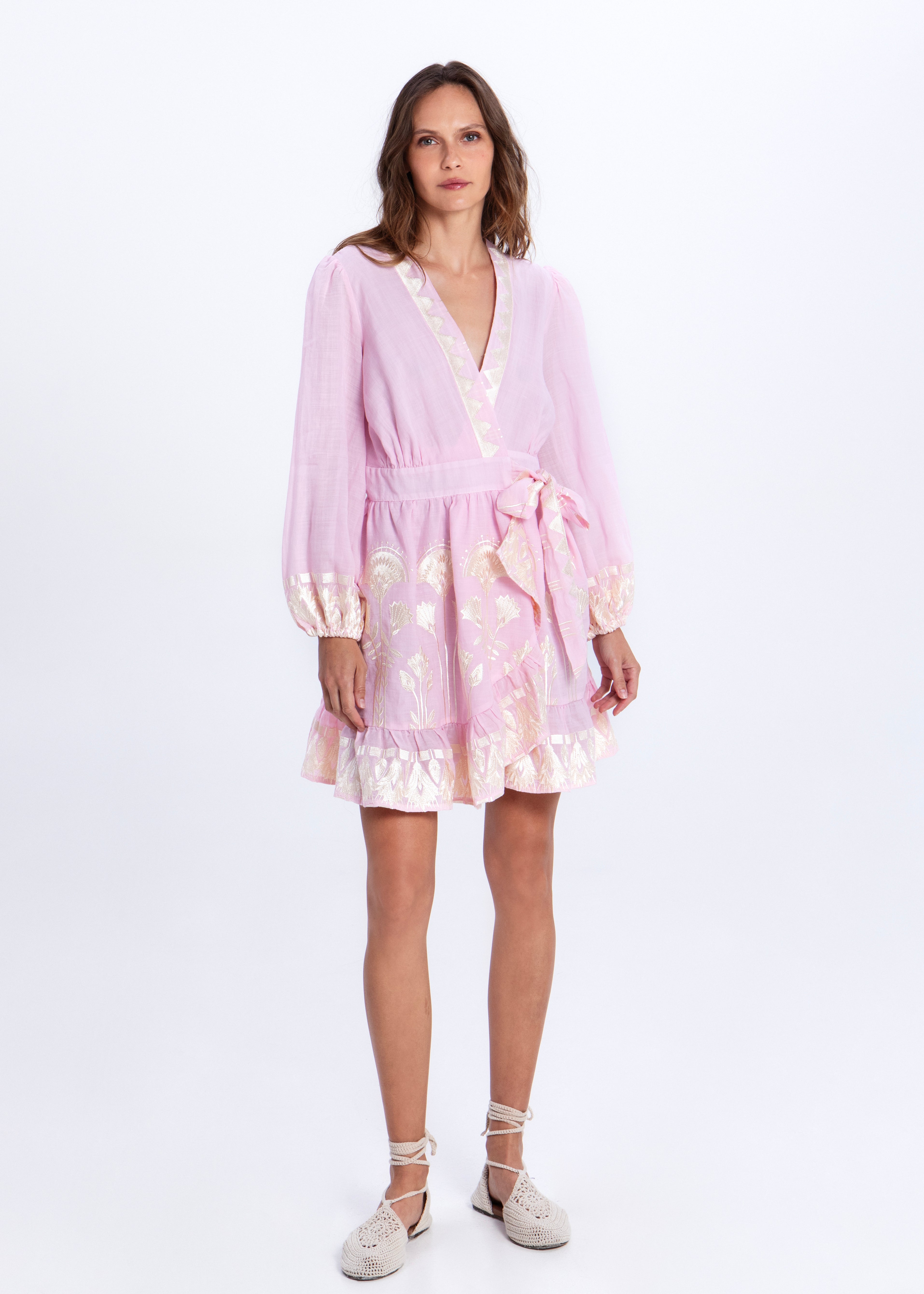 Greek Archaic Kori Papyrus Mini Wrap Dress - Pink/ Champagne