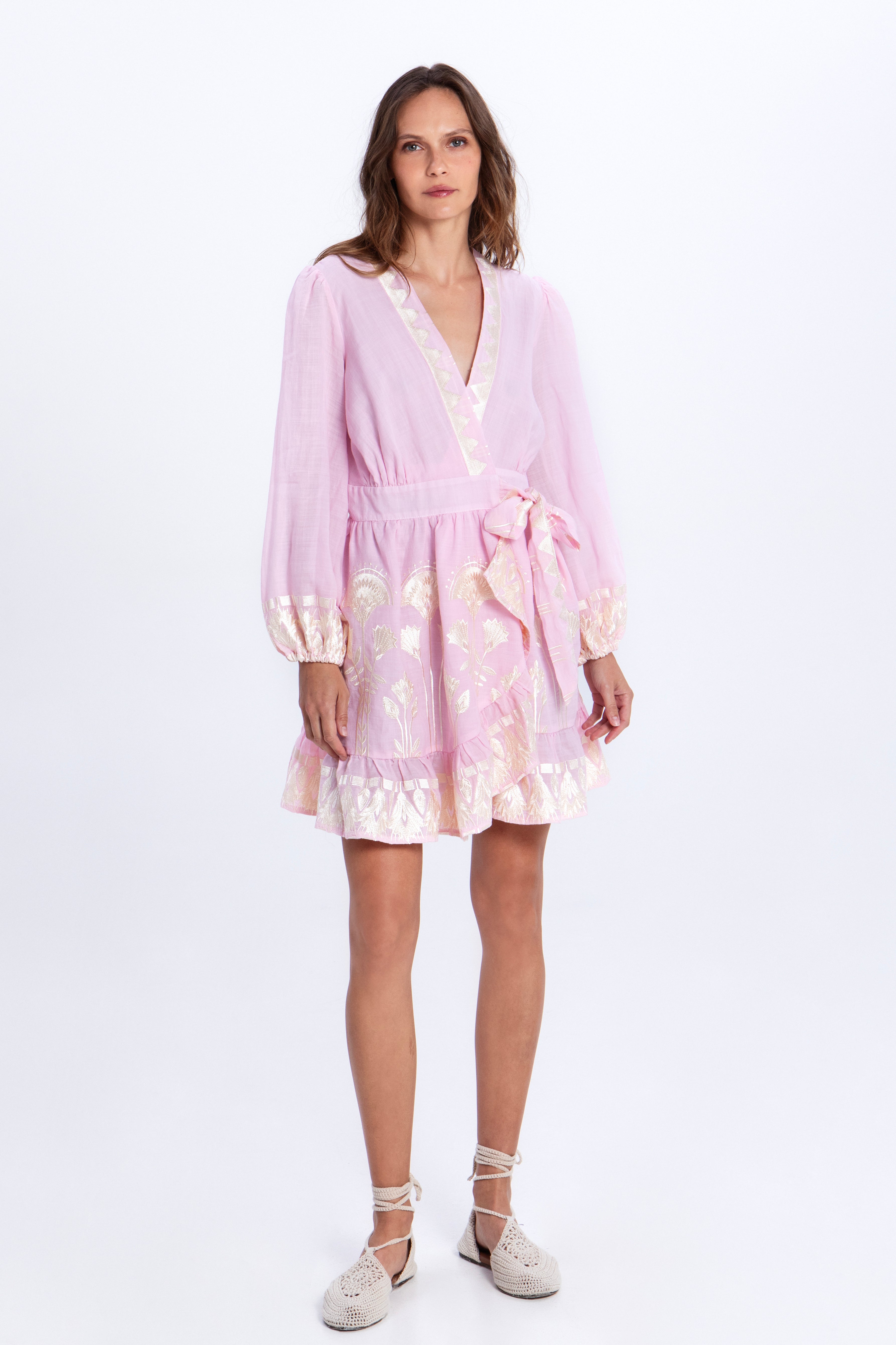 Greek Archaic Kori Papyrus Mini Wrap Dress - Pink/ Champagne