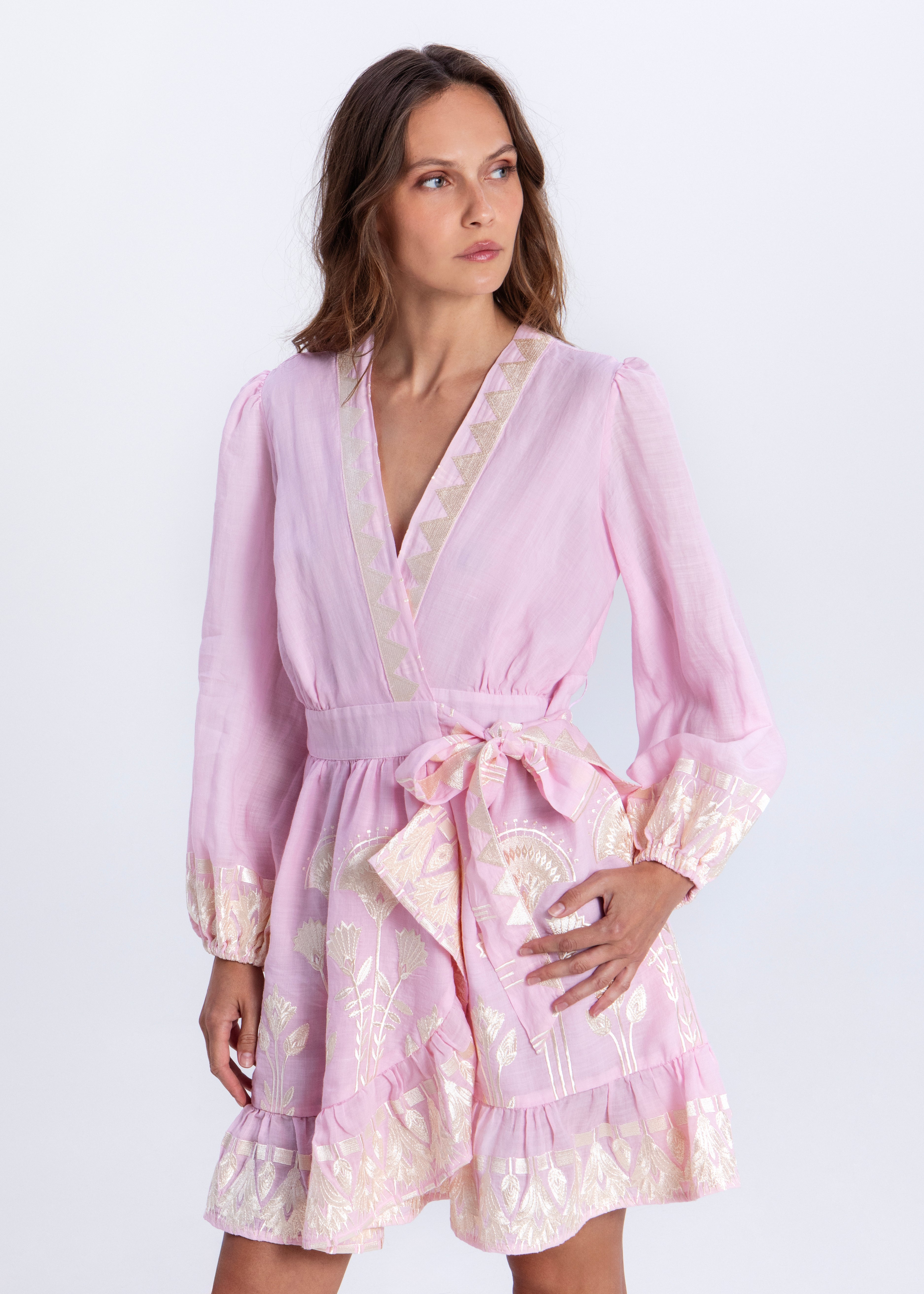 Greek Archaic Kori Papyrus Mini Wrap Dress - Pink/ Champagne
