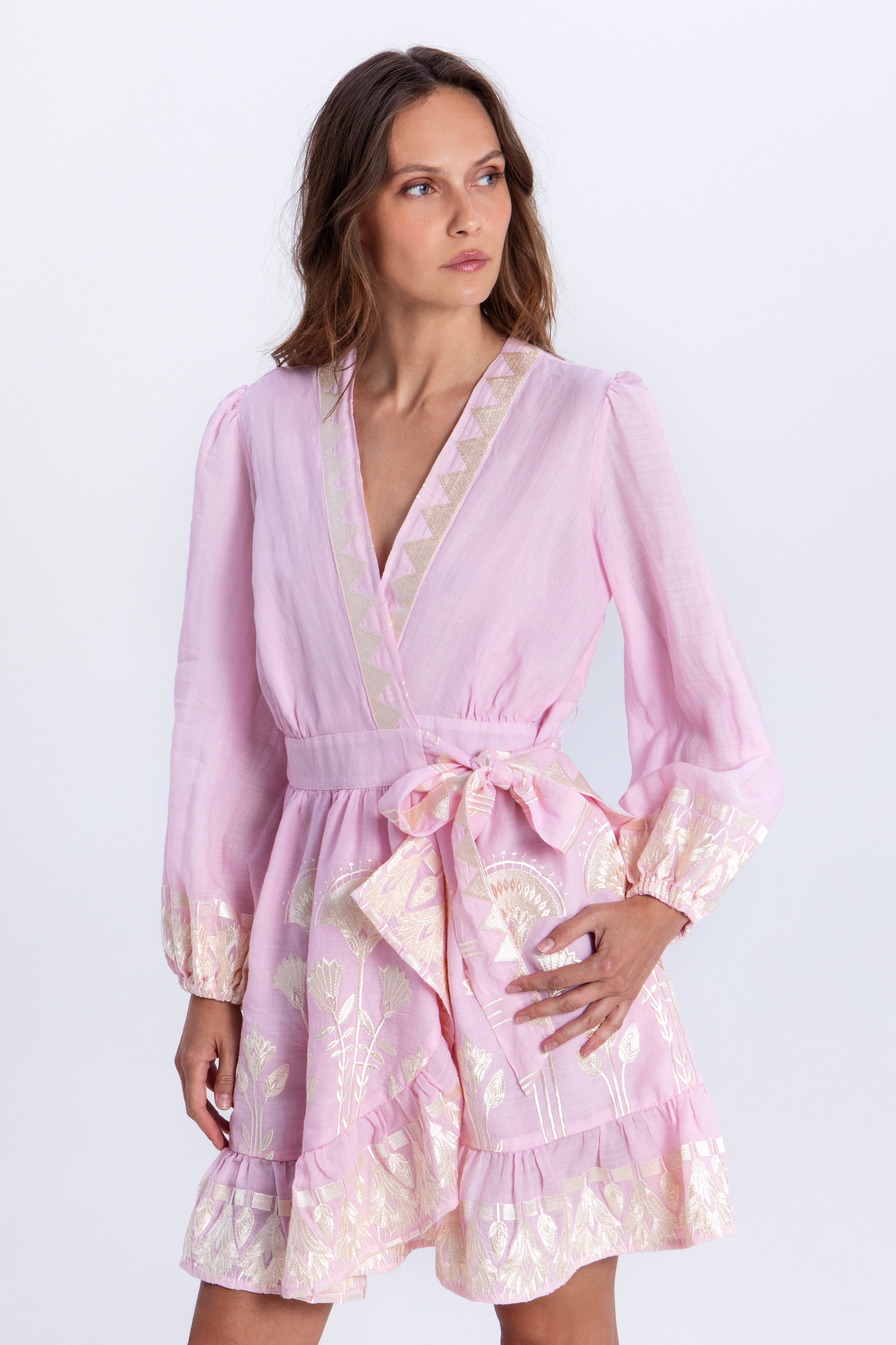 Greek Archaic Kori Papyrus Mini Wrap Dress - Pink/ Champagne