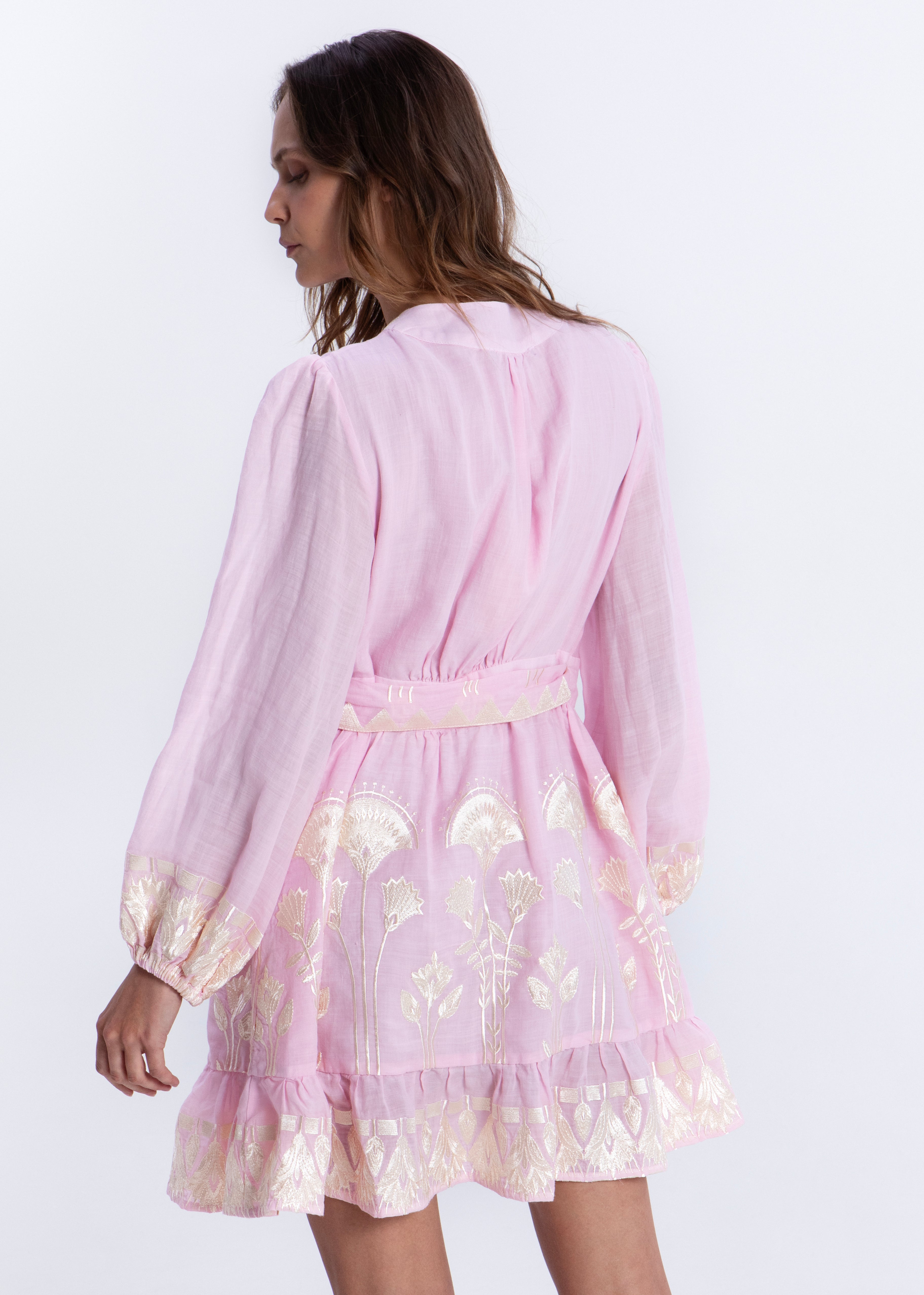 Greek Archaic Kori Papyrus Mini Wrap Dress - Pink/ Champagne