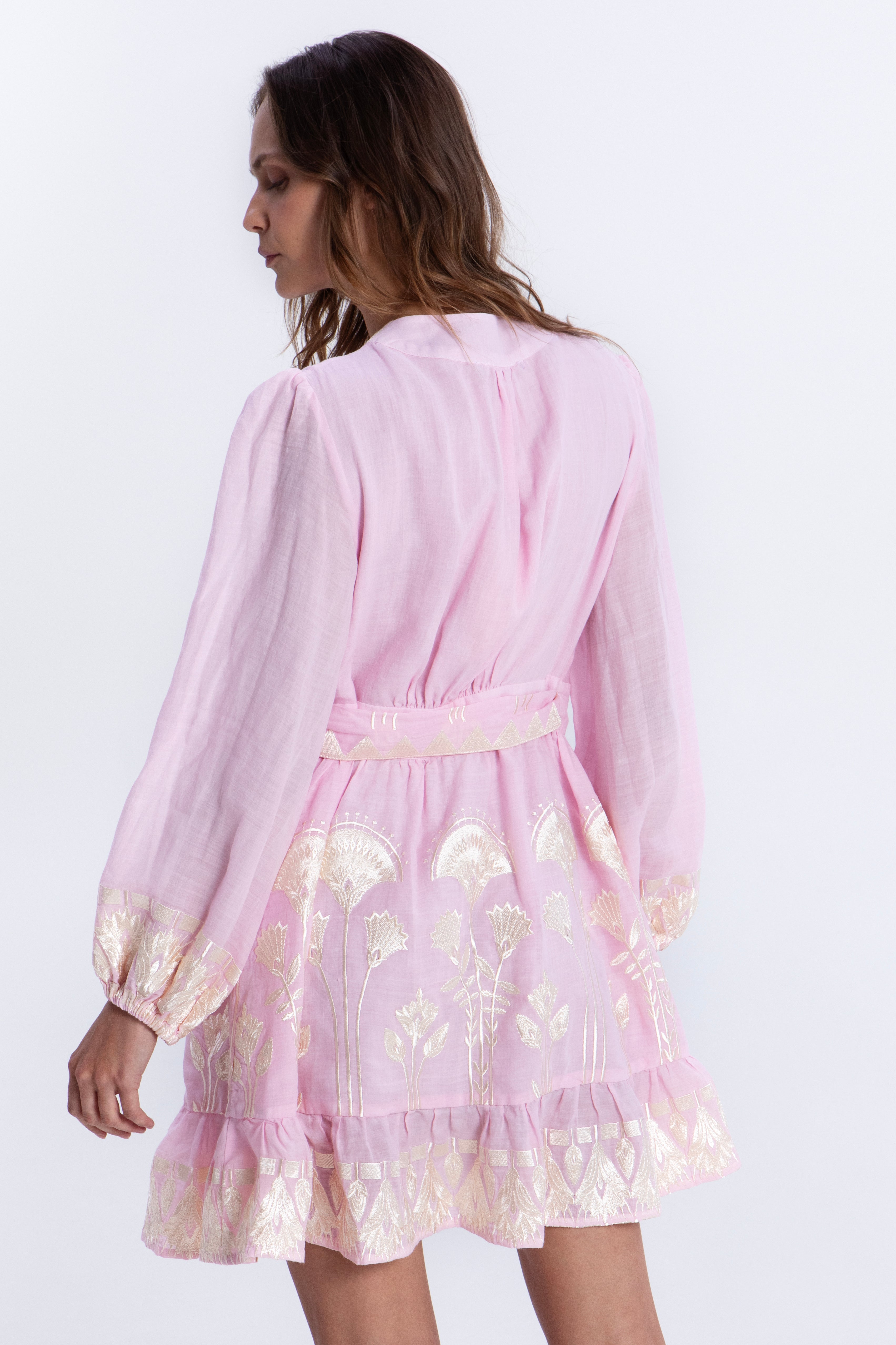 Greek Archaic Kori Papyrus Mini Wrap Dress - Pink/ Champagne