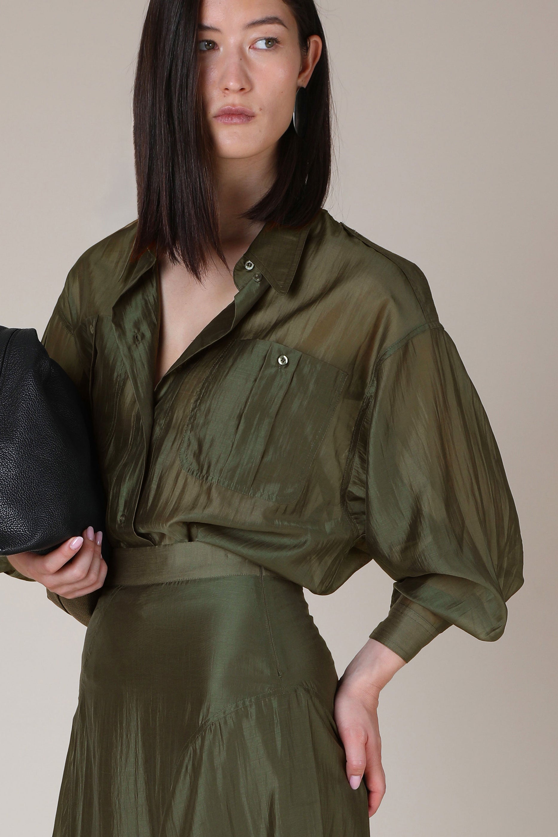 VI.VE.RE Megara Sheer Organza Shirt - Dark Green
