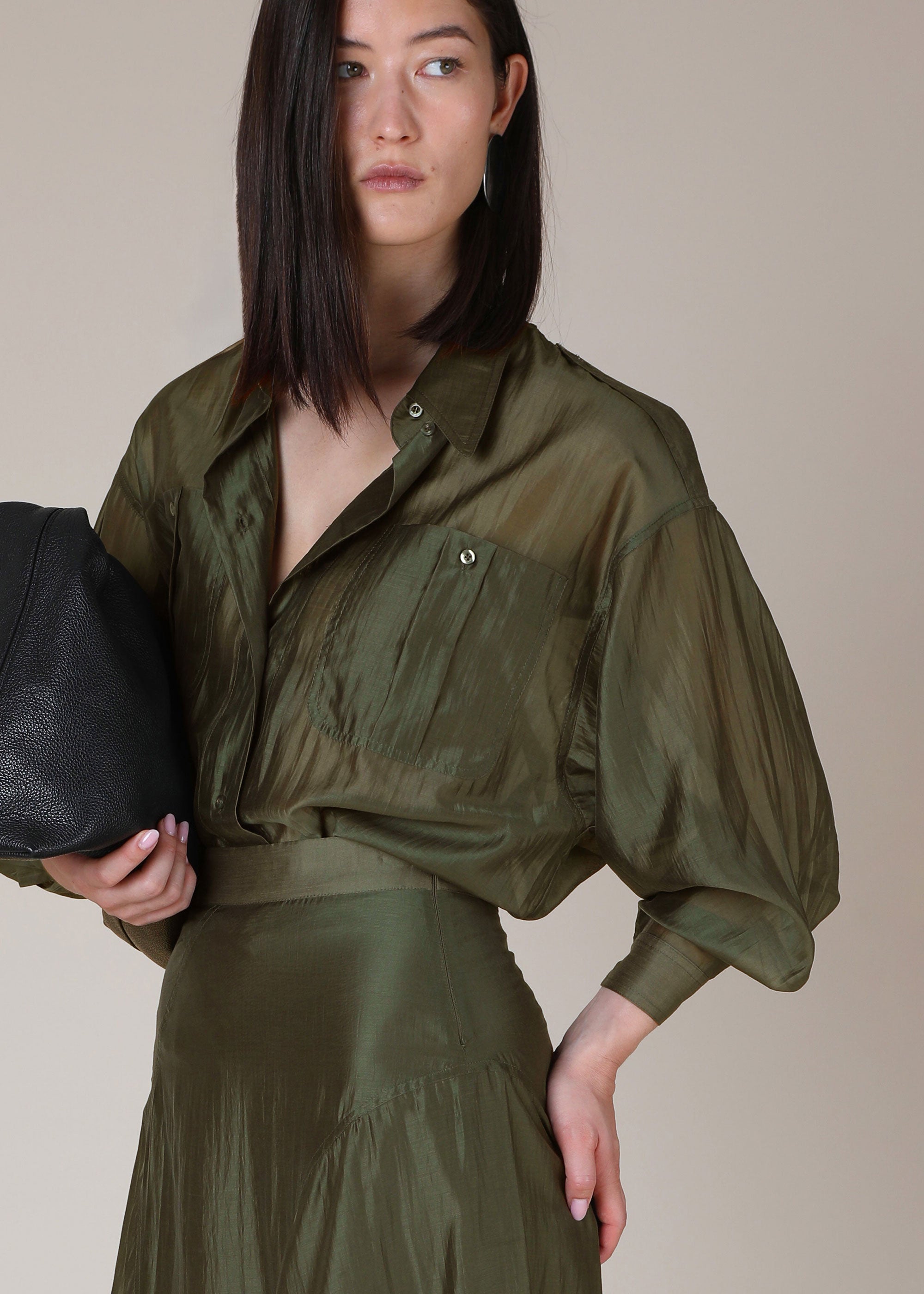 VI.VE.RE Megara Sheer Organza Shirt - Dark Green