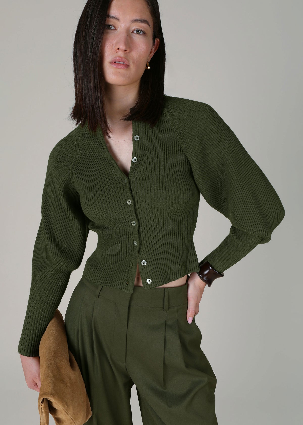 VI.VE.RE Maya Sculptured Sleeve Cardigan - Olive Green