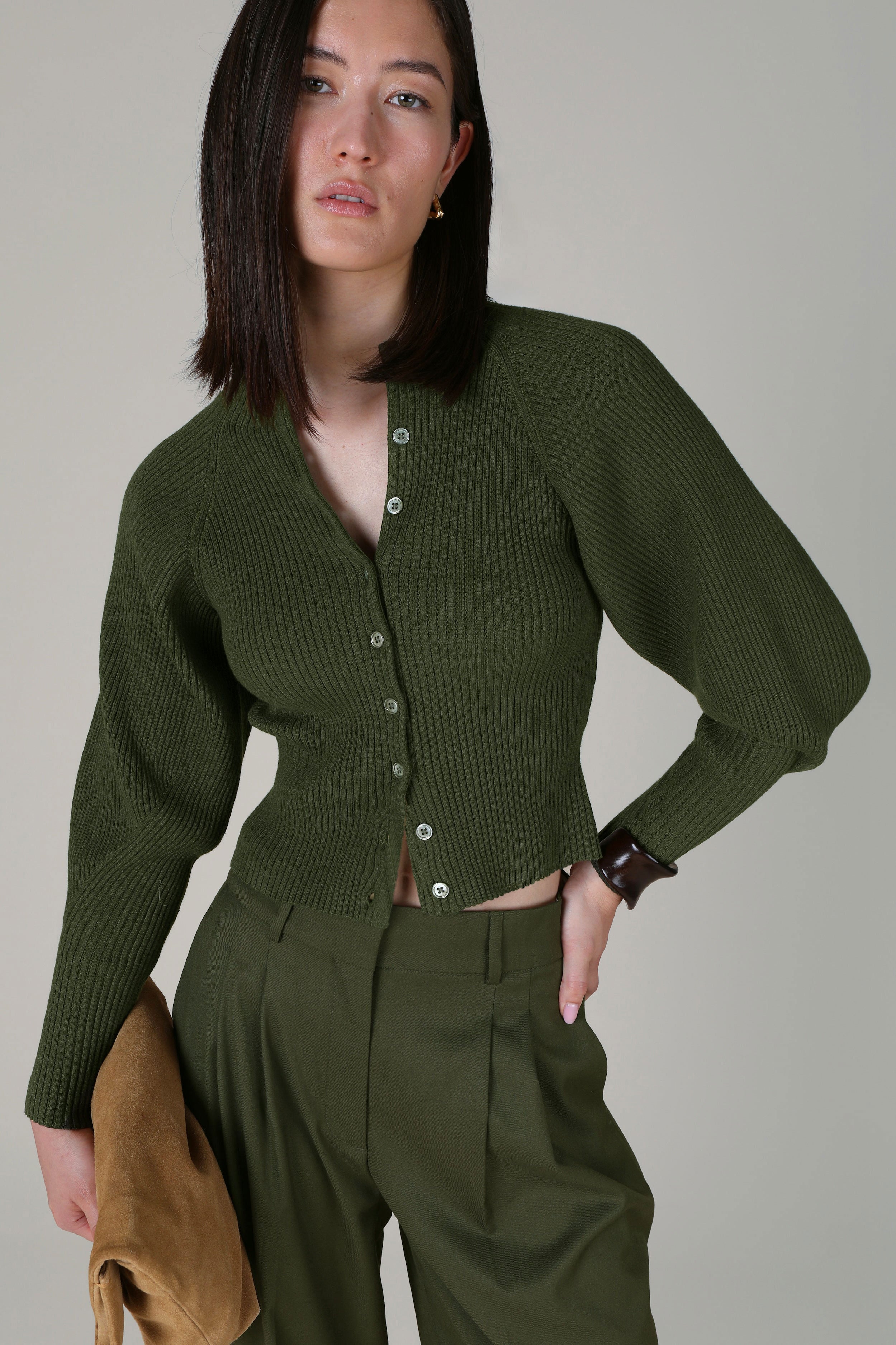 VI.VE.RE Maya Sculptured Sleeve Cardigan - Olive Green