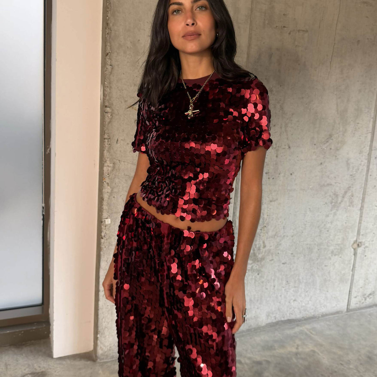 Never Fully Dressed burgundy sequin t-shirt, oversized paillettes on stretch velvet