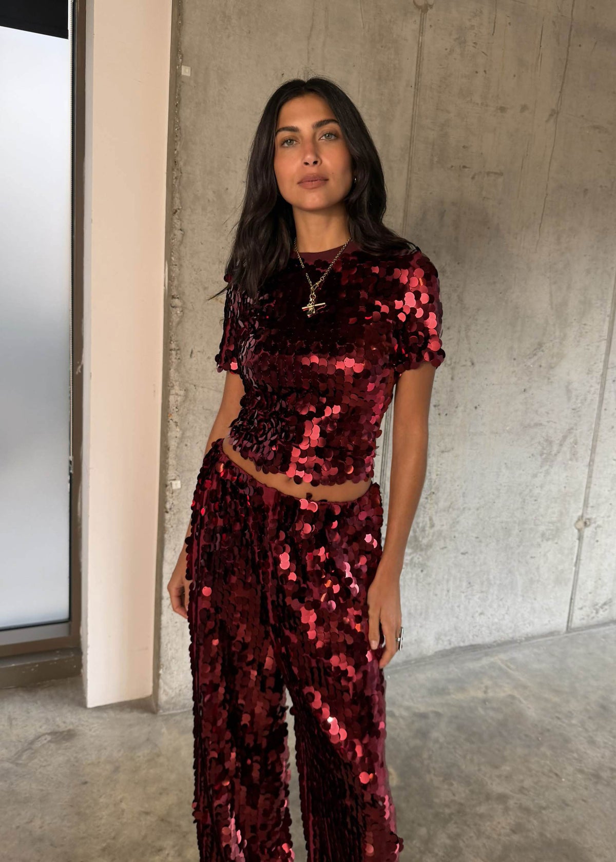 Never Fully Dressed Never Fully Dressed burgundy sequin t-shirt, oversized paillettes on stretch velvet
