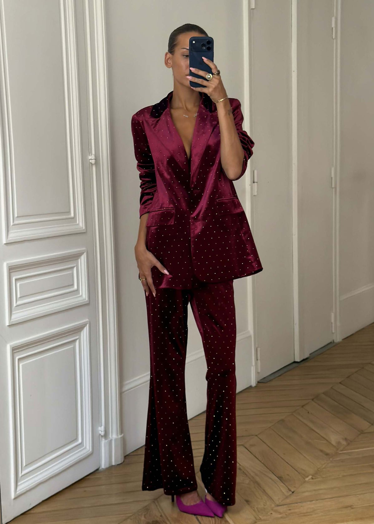 Never Fully Dressed Never Fully Dressed burgundy velvet flared trousers, scattered crystal studs