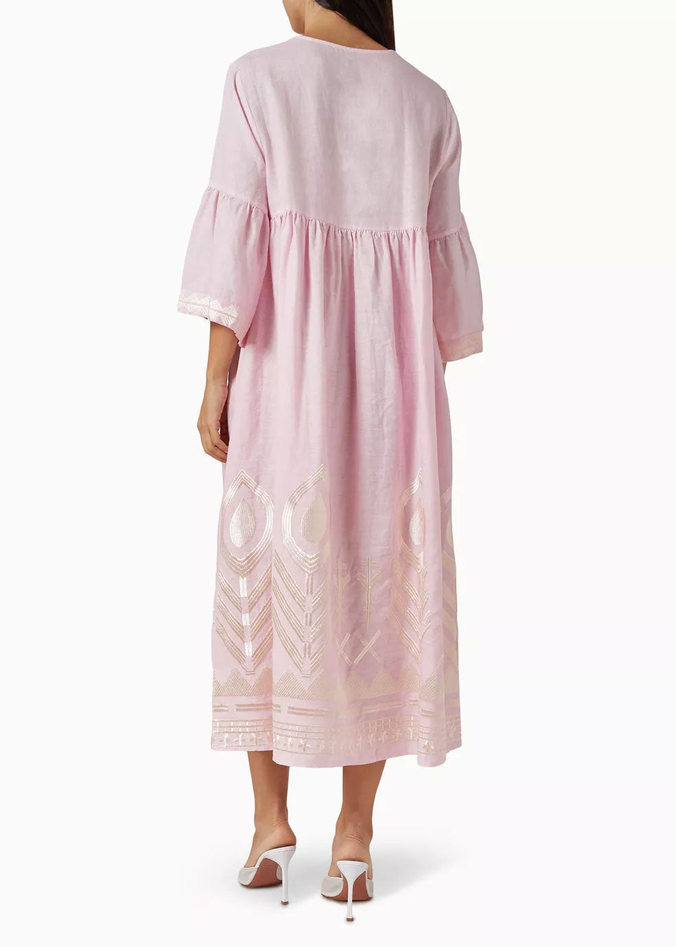 Greek Archaic Kori Feather Long Dress - Pink/ Champagne