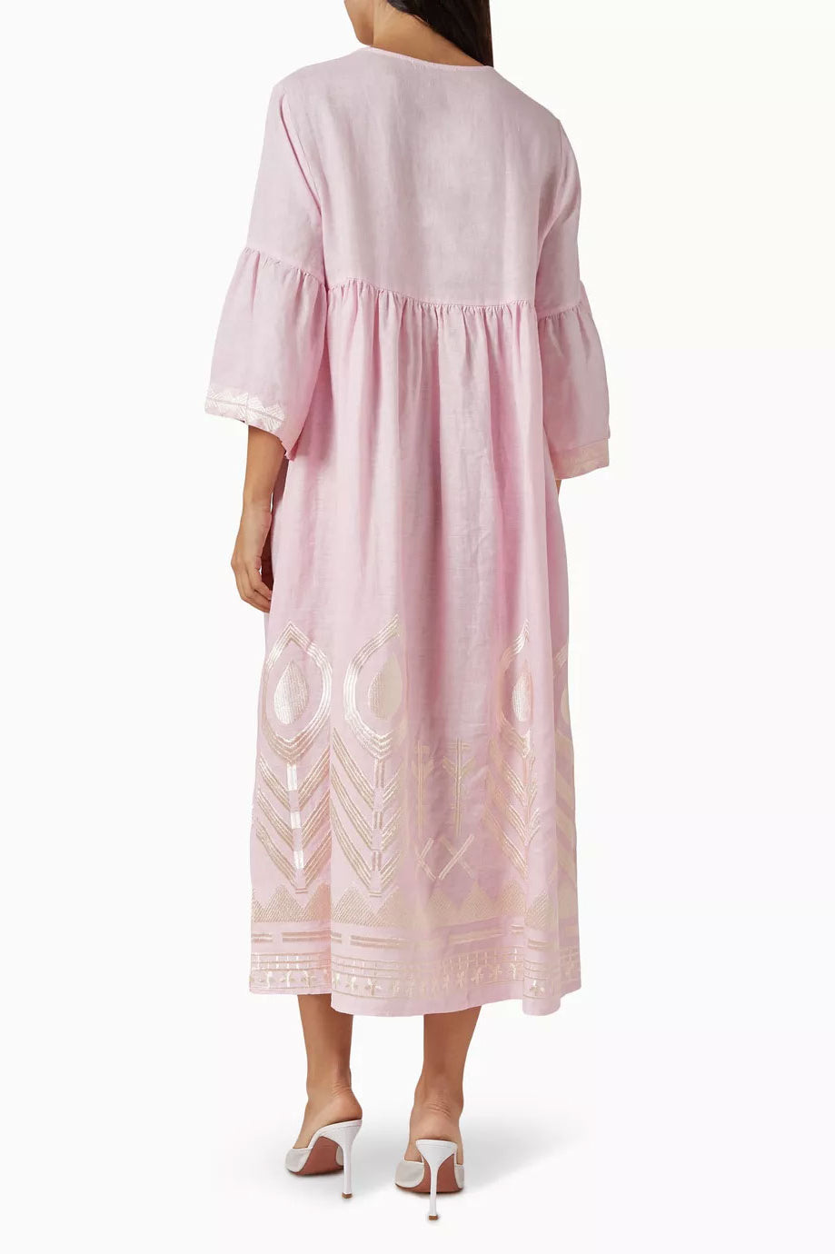 Greek Archaic Kori Feather Long Dress - Pink/ Champagne