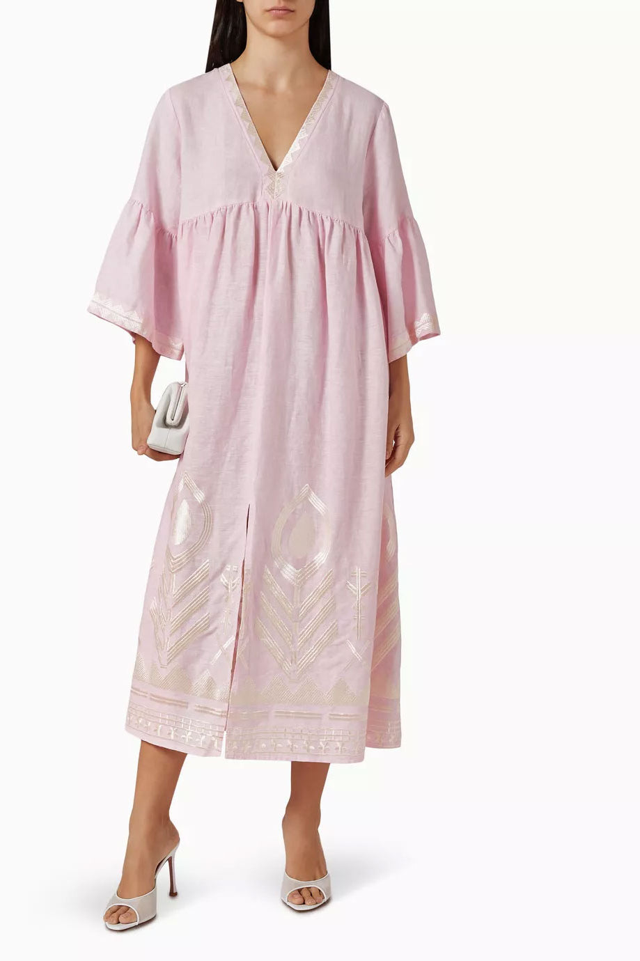 Greek Archaic Kori Feather Long Dress - Pink/ Champagne