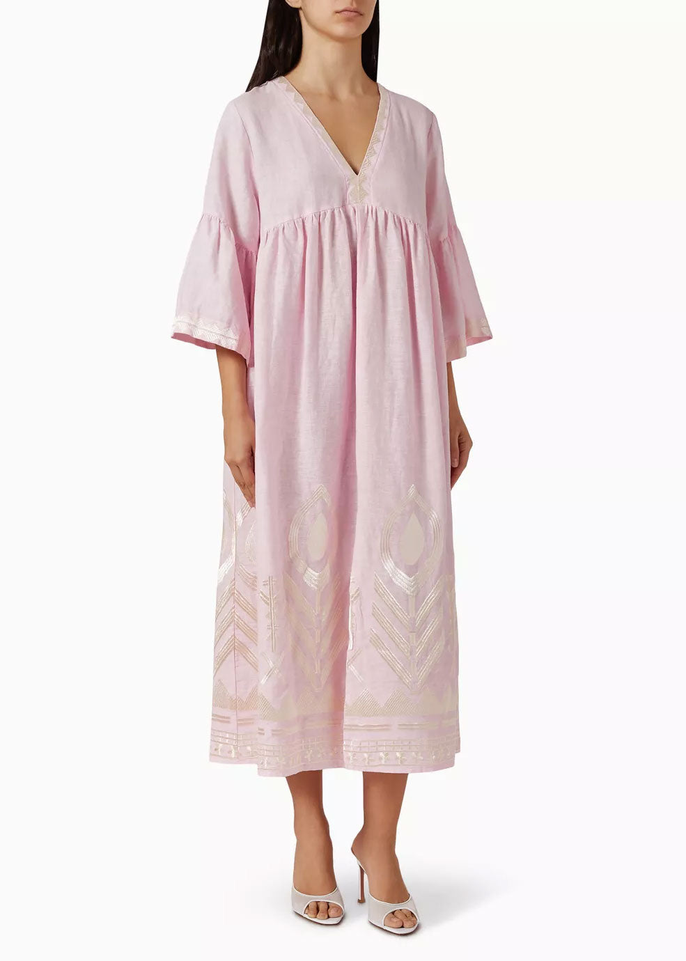 Greek Archaic Kori Feather Long Dress - Pink/ Champagne