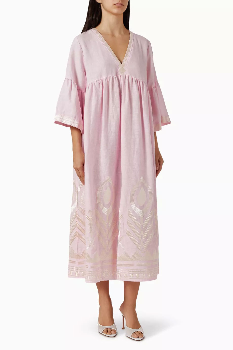 Greek Archaic Kori Feather Long Dress - Pink/ Champagne