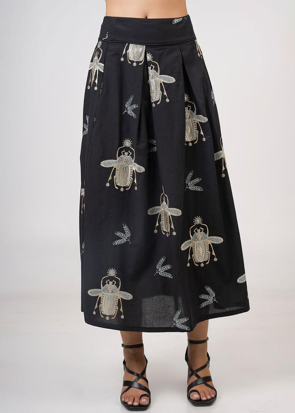 Aether Concept High Waisted Embroidered Skirt - Black/Green