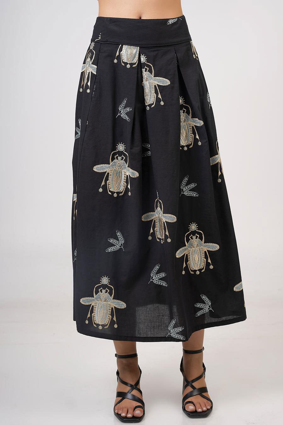 Aether Concept High Waisted Embroidered Skirt - Black/Green