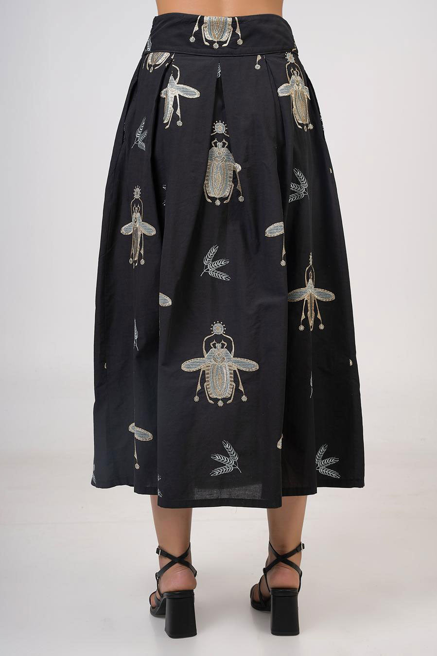 Aether Concept High Waisted Embroidered Skirt - Black/Green