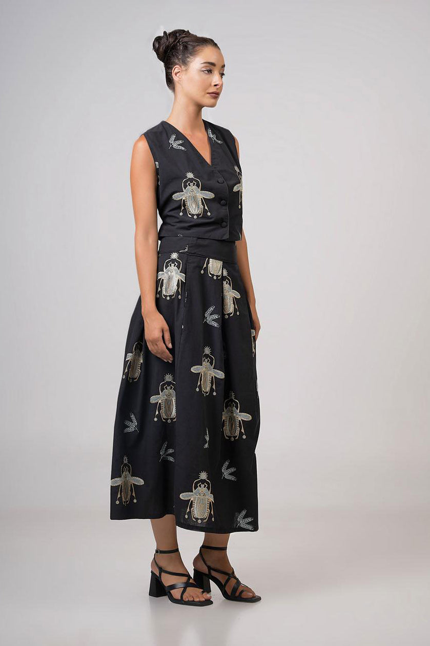 Aether Concept High Waisted Embroidered Skirt - Black/Green