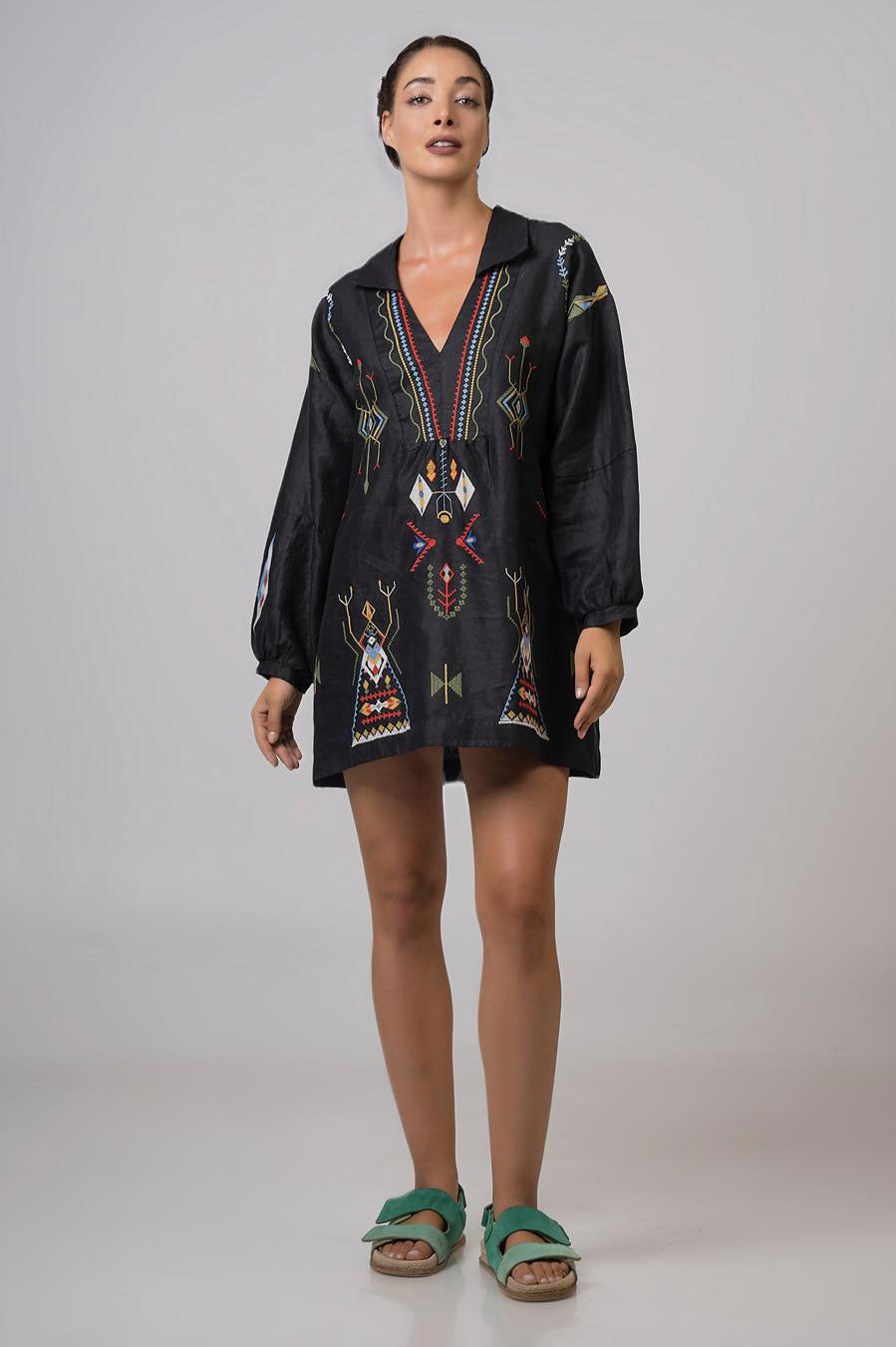 Aether Concept Long Sleeve Embroidered Mini Dress - Black