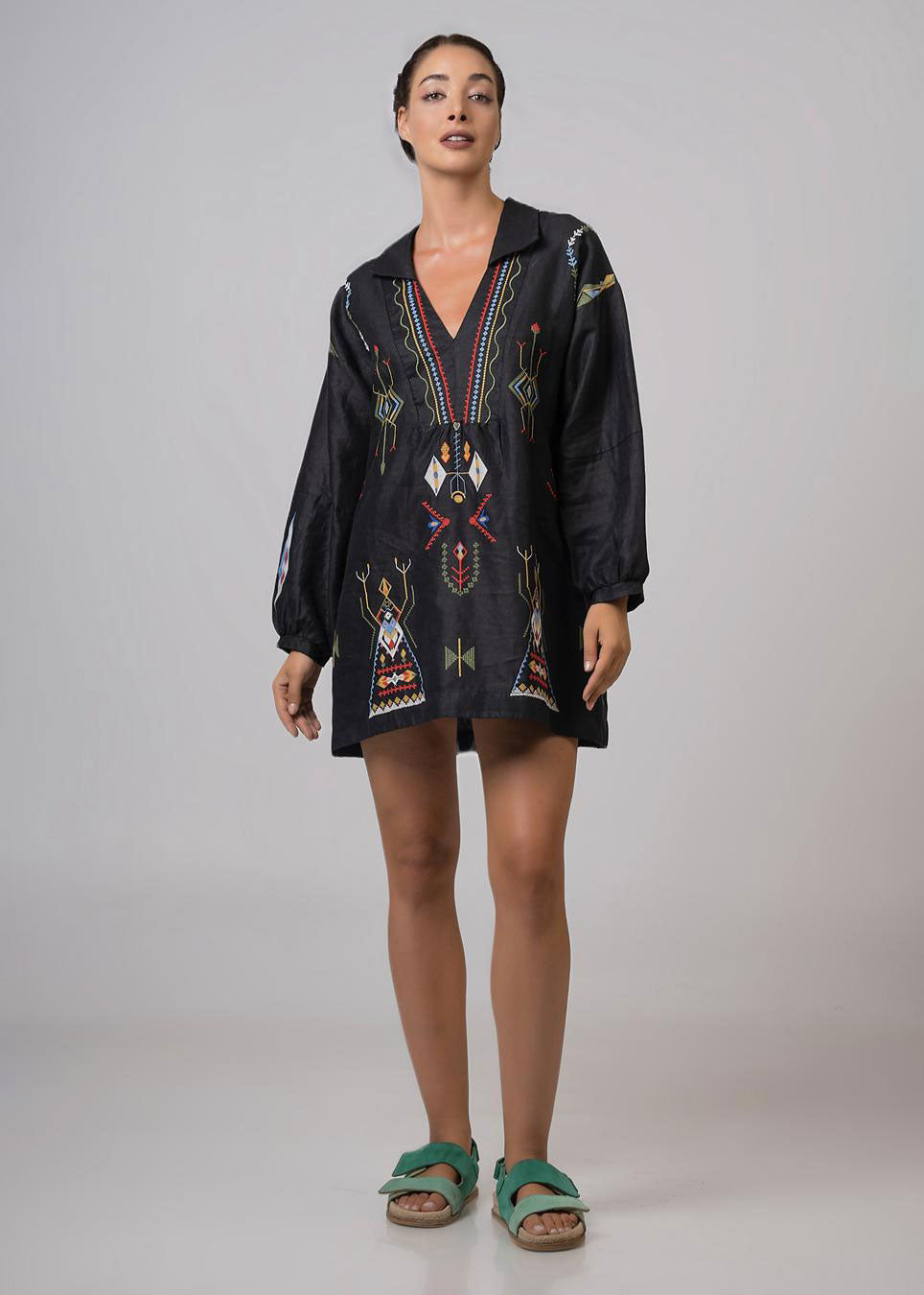 Aether Concept Long Sleeve Embroidered Mini Dress - Black
