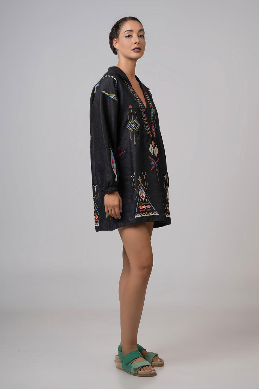 Aether Concept Long Sleeve Embroidered Mini Dress - Black