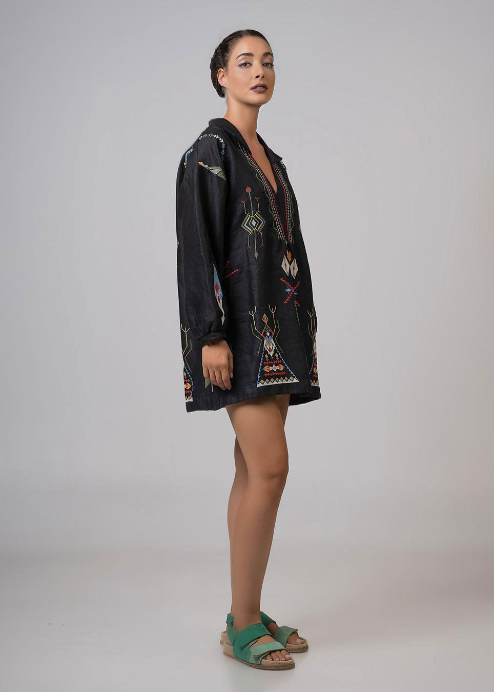 Aether Concept Long Sleeve Embroidered Mini Dress - Black