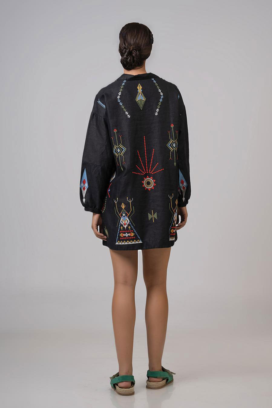 Aether Concept Long Sleeve Embroidered Mini Dress - Black