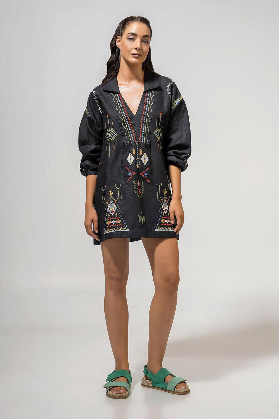 Aether Concept Long Sleeve Embroidered Mini Dress - Black