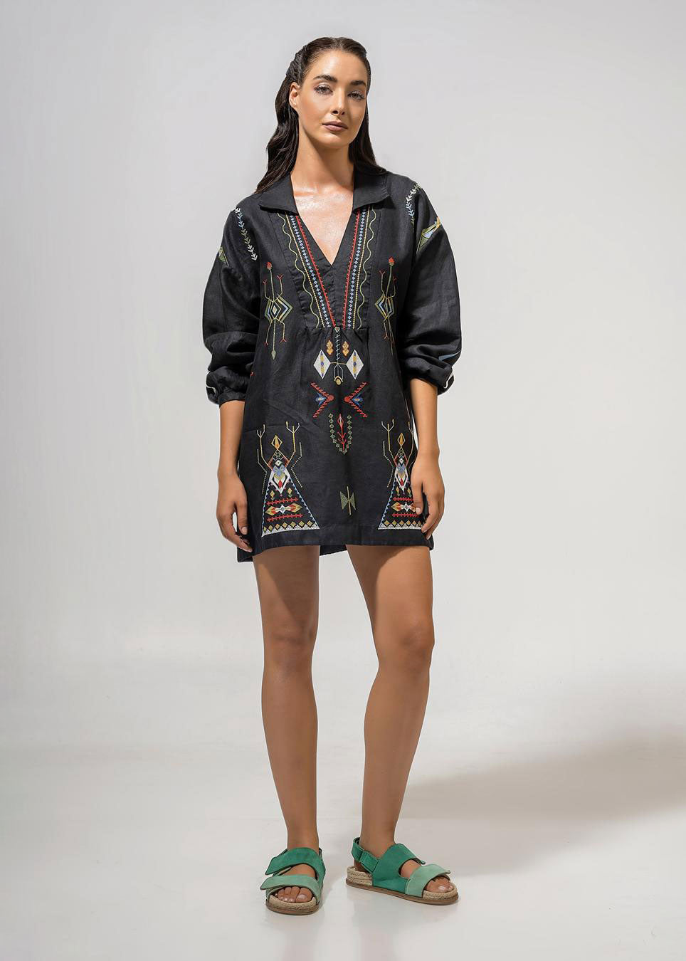 Aether Concept Long Sleeve Embroidered Mini Dress - Black
