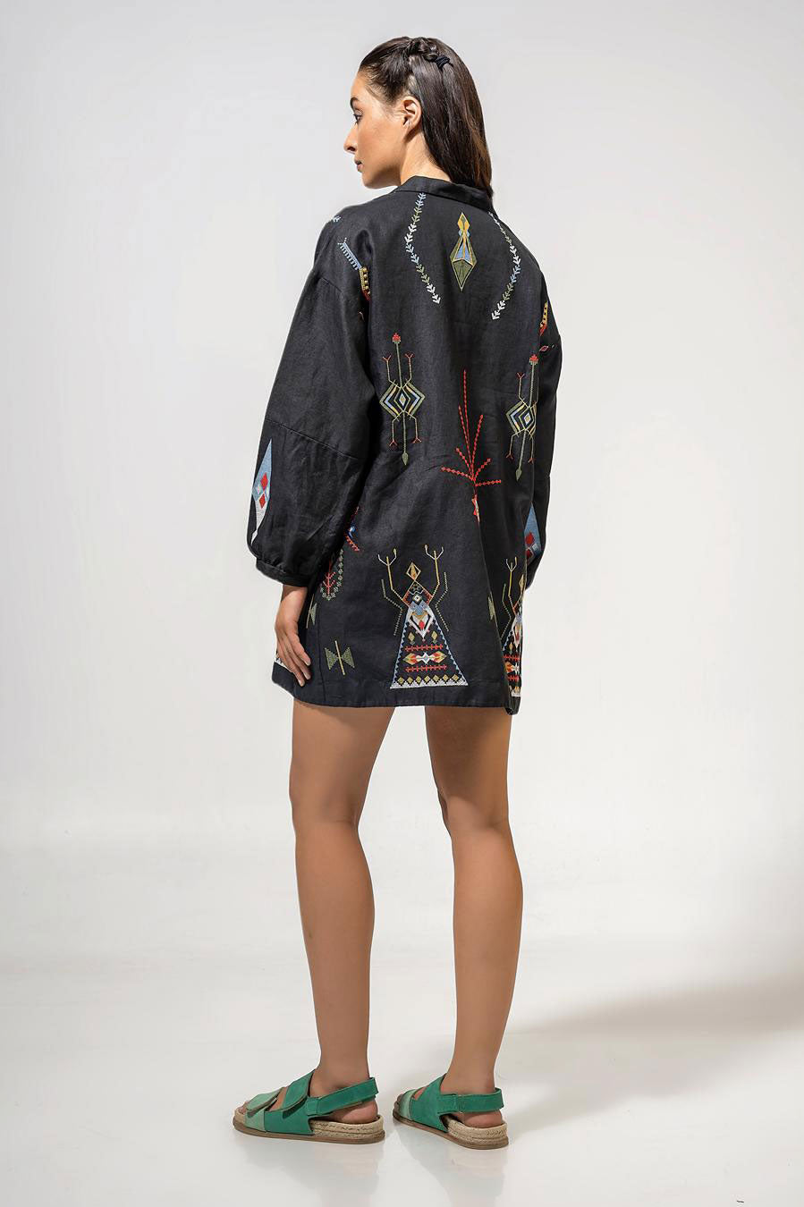 Aether Concept Long Sleeve Embroidered Mini Dress - Black
