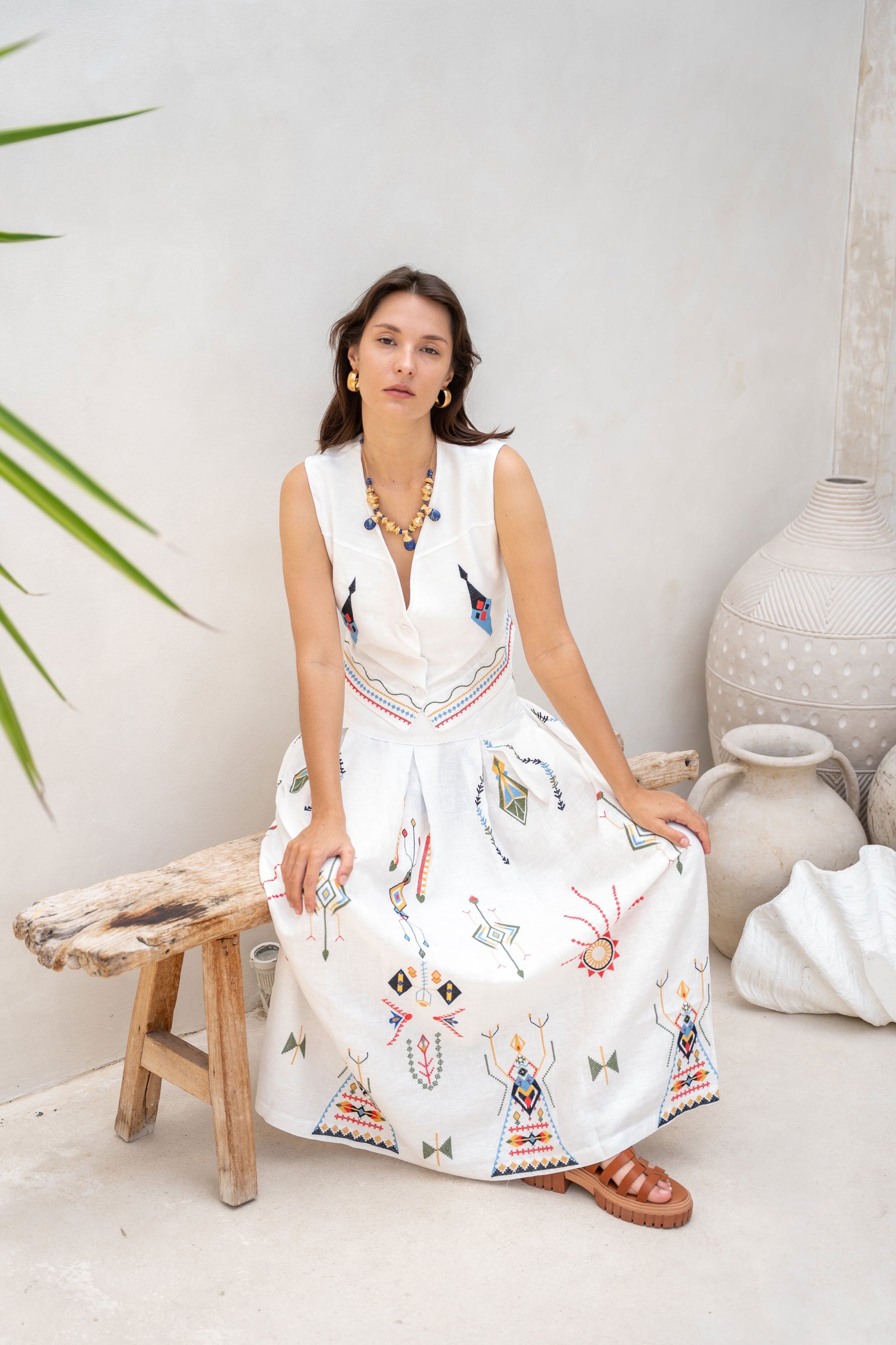 Aether Concept High Waisted Embroidered Skirt - White