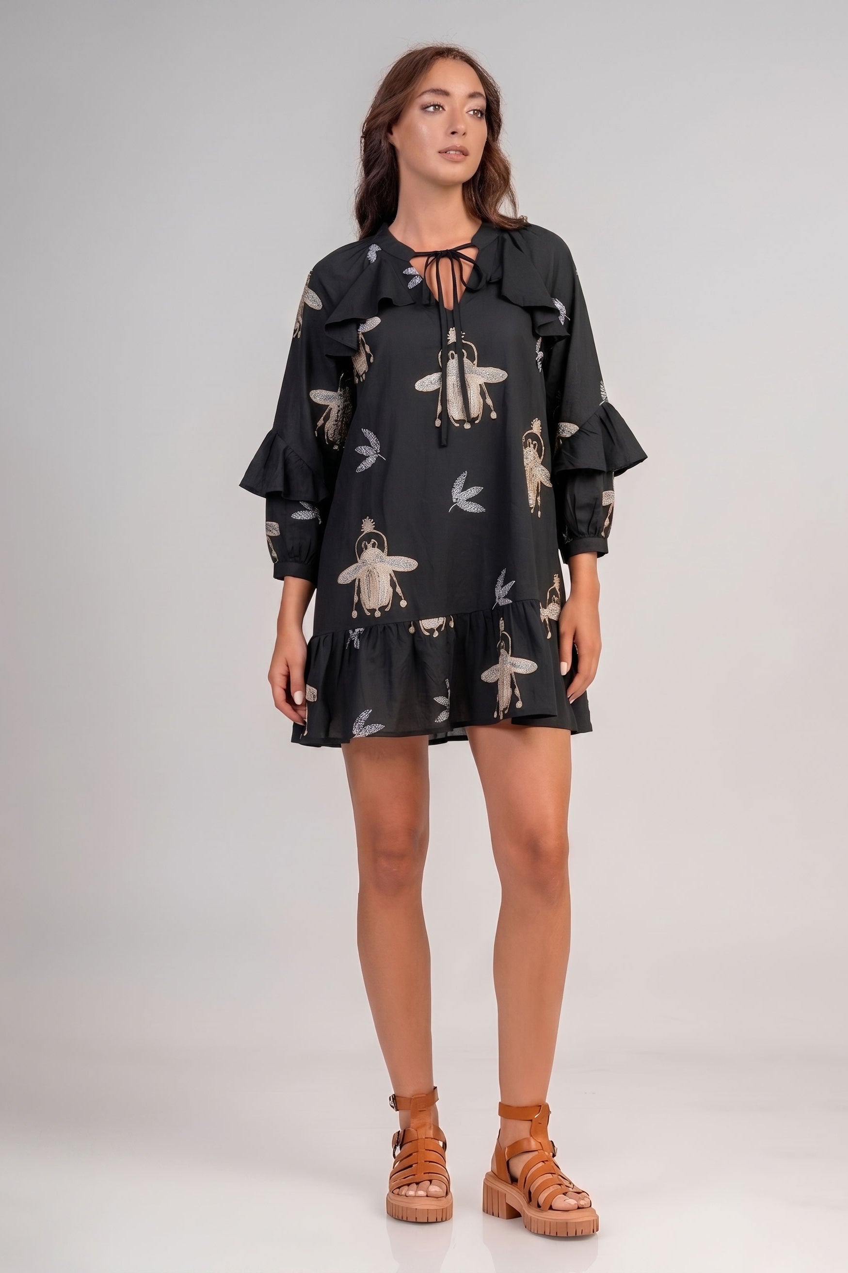 Aether Concept Short Embroidered Dress - Black/Green
