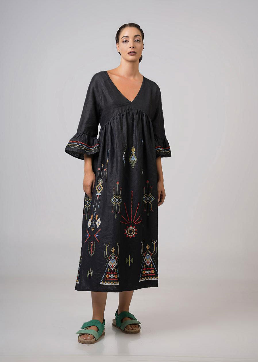 Aether Concept Midi Embroidered Dress - Black