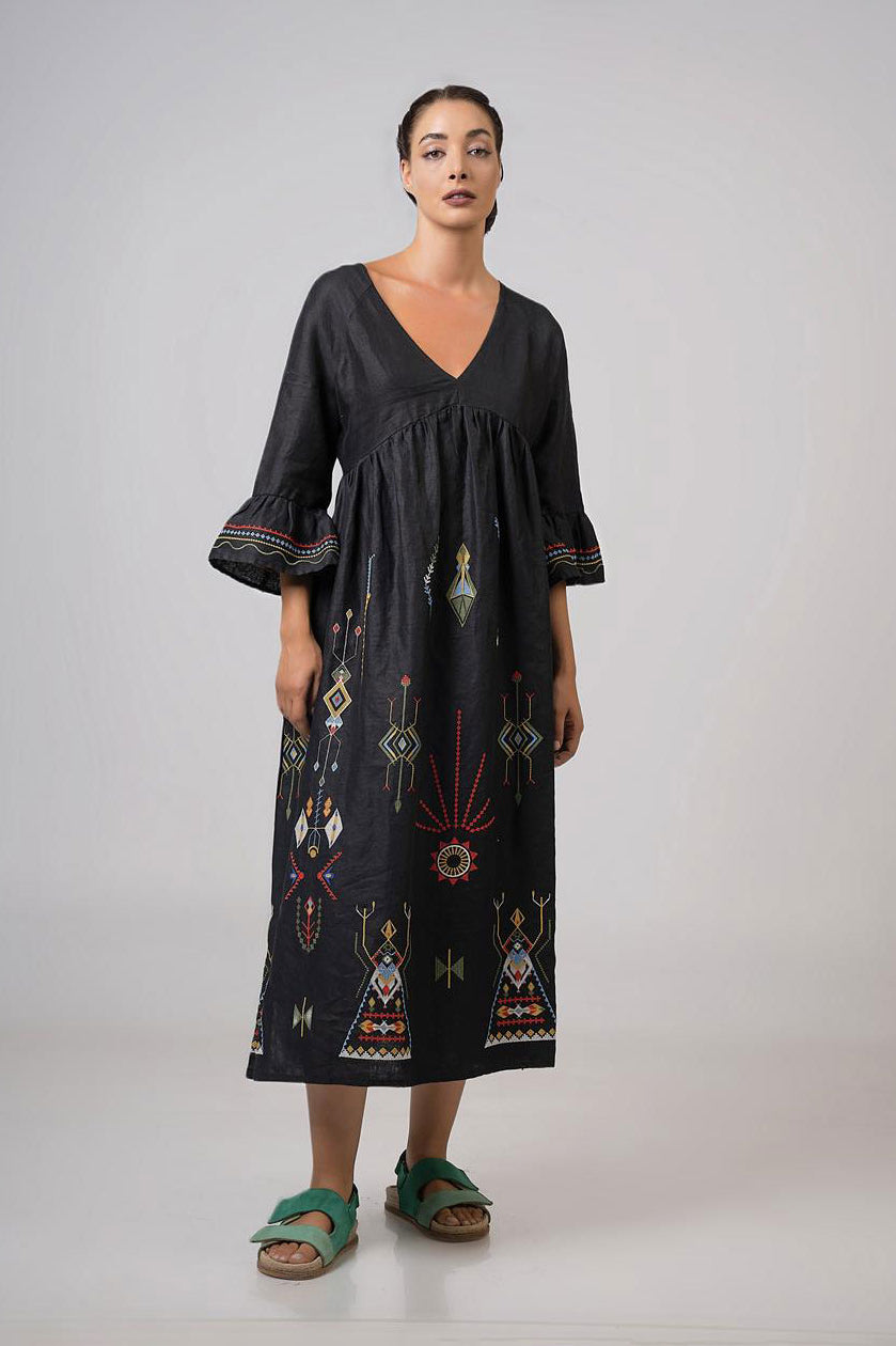 Aether Concept Midi Embroidered Dress - Black