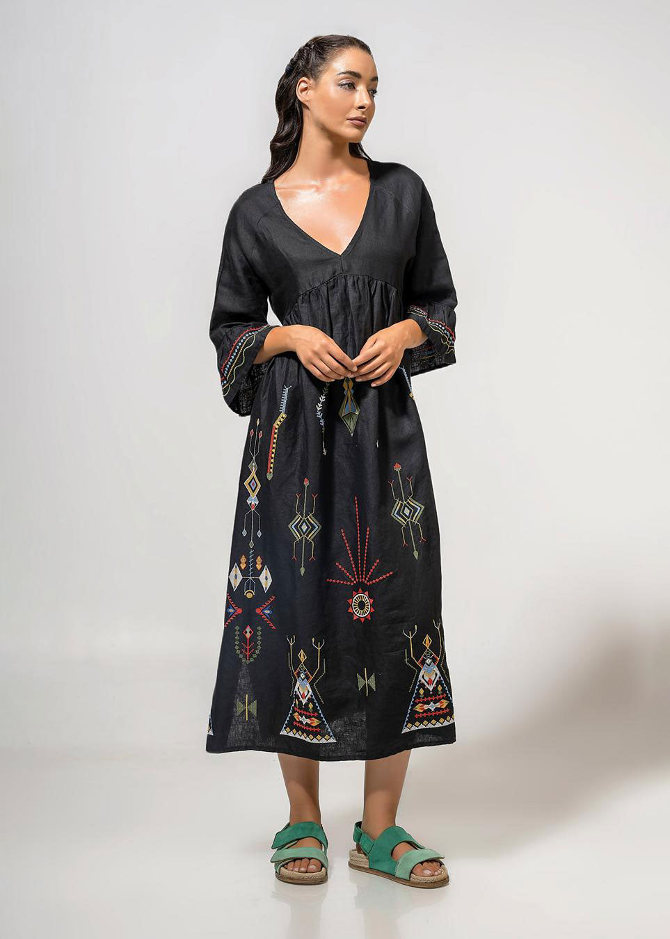 Aether Concept Midi Embroidered Dress - Black