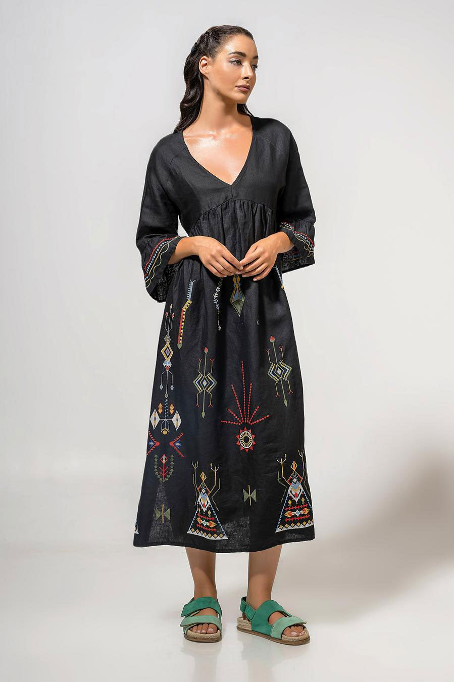 Aether Concept Midi Embroidered Dress - Black