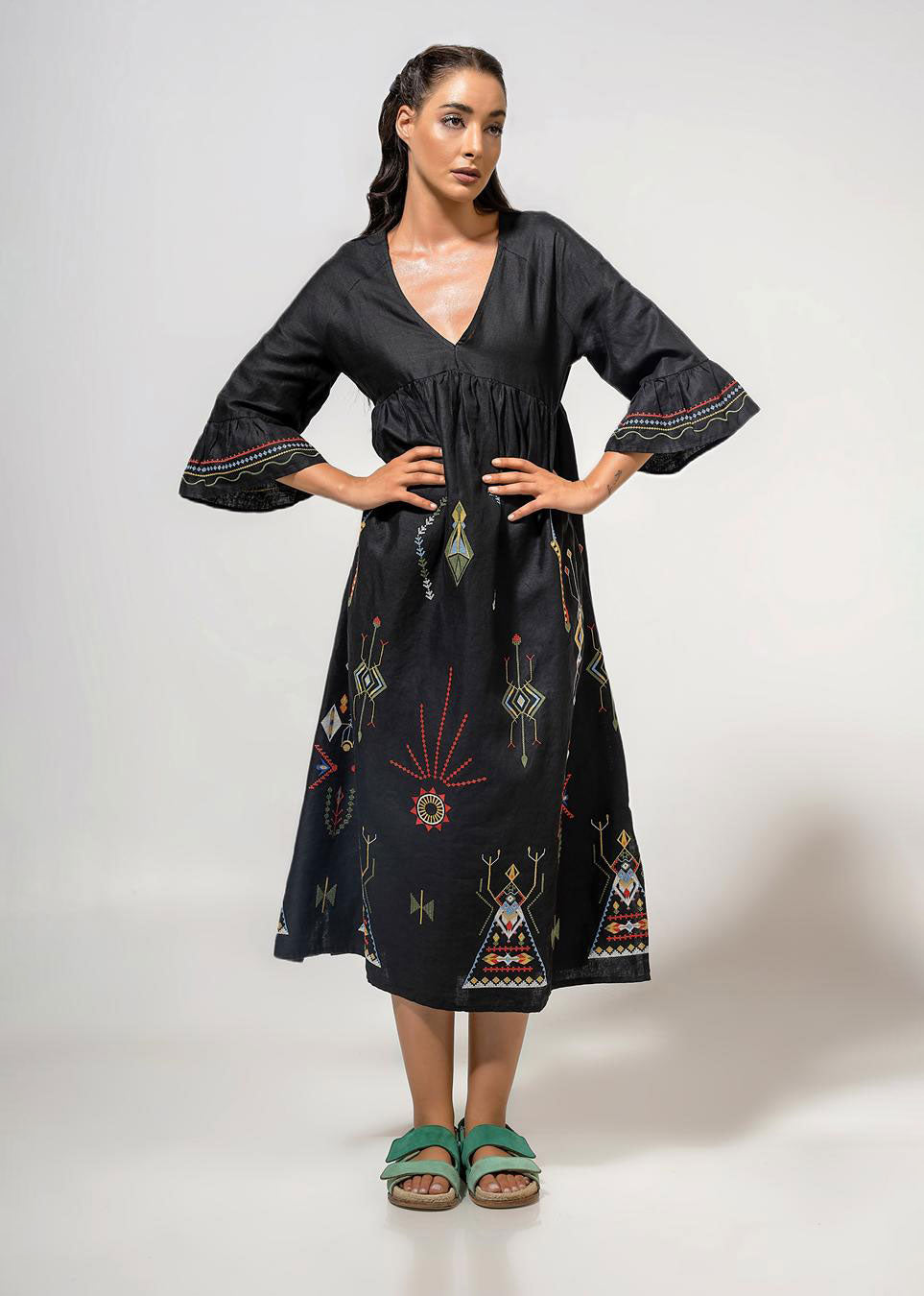 Aether Concept Midi Embroidered Dress - Black
